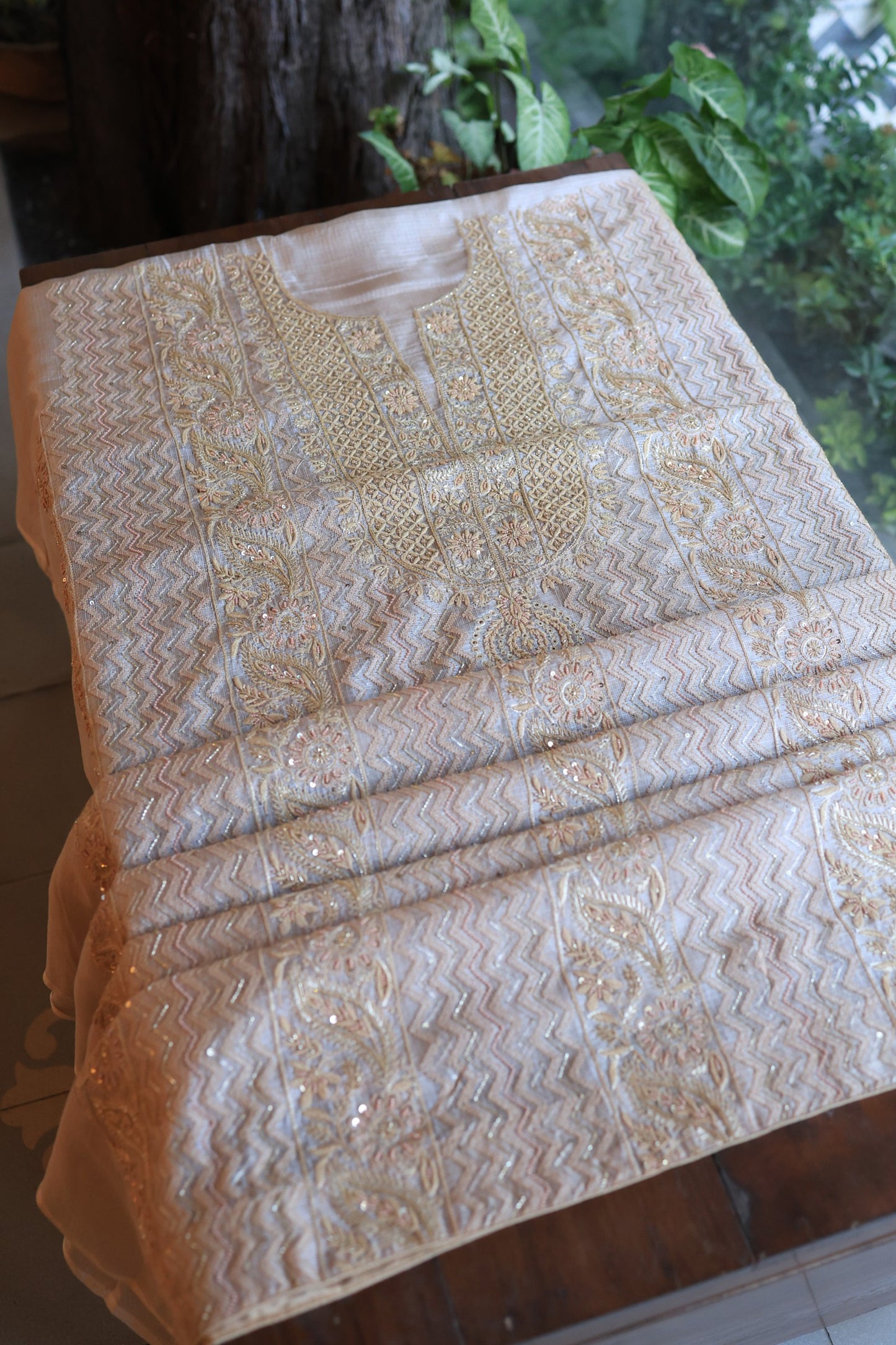 Beige Rasm Kota Tussar Chikankari Unstitched Chikankari Fabrics