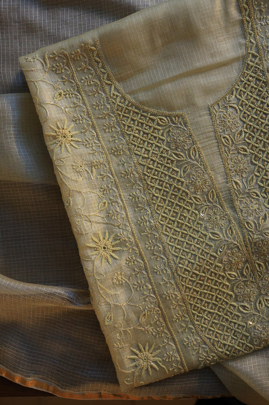 Lemon Rasm Kota Tussar Chikankari Unstitched Chikankari Fabrics