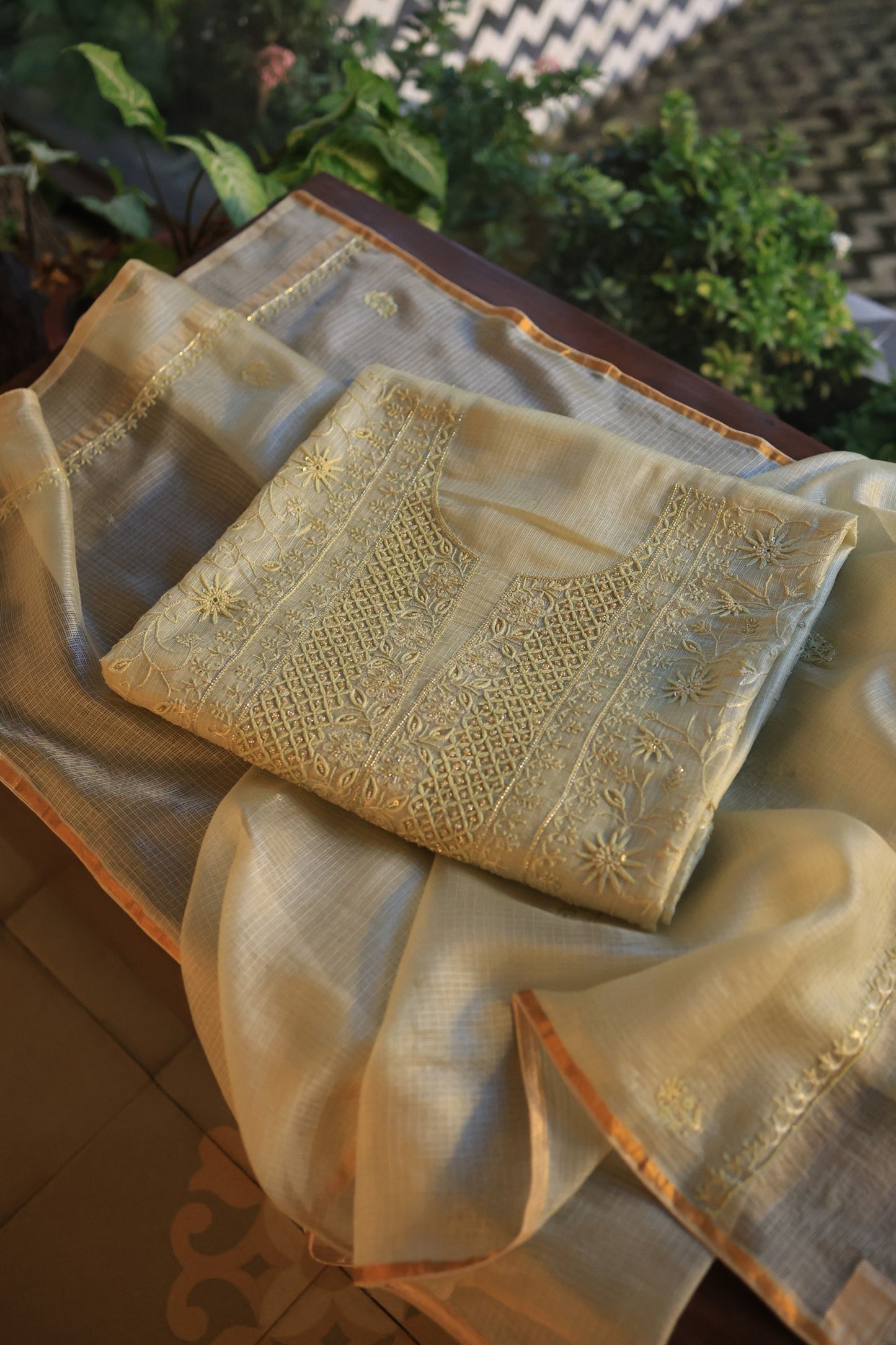 Lemon Rasm Kota Tussar Chikankari Unstitched Chikankari Fabrics