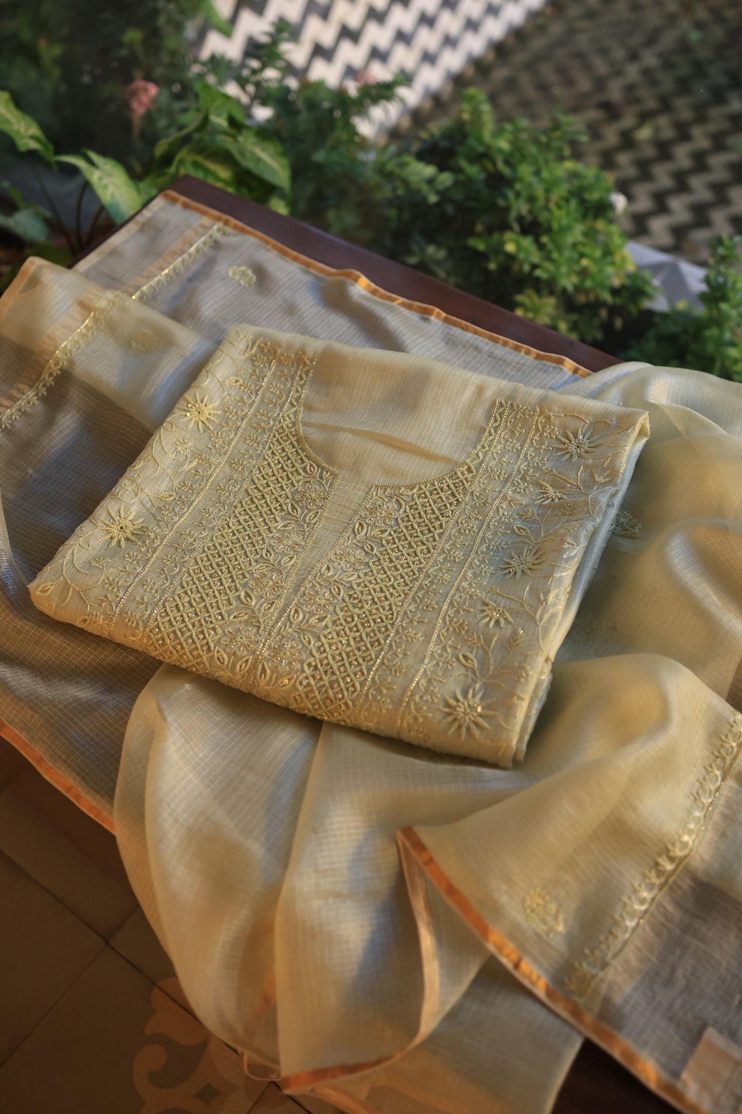 Lemon Rasm Kota Tussar Chikankari Unstitched Chikankari Fabrics