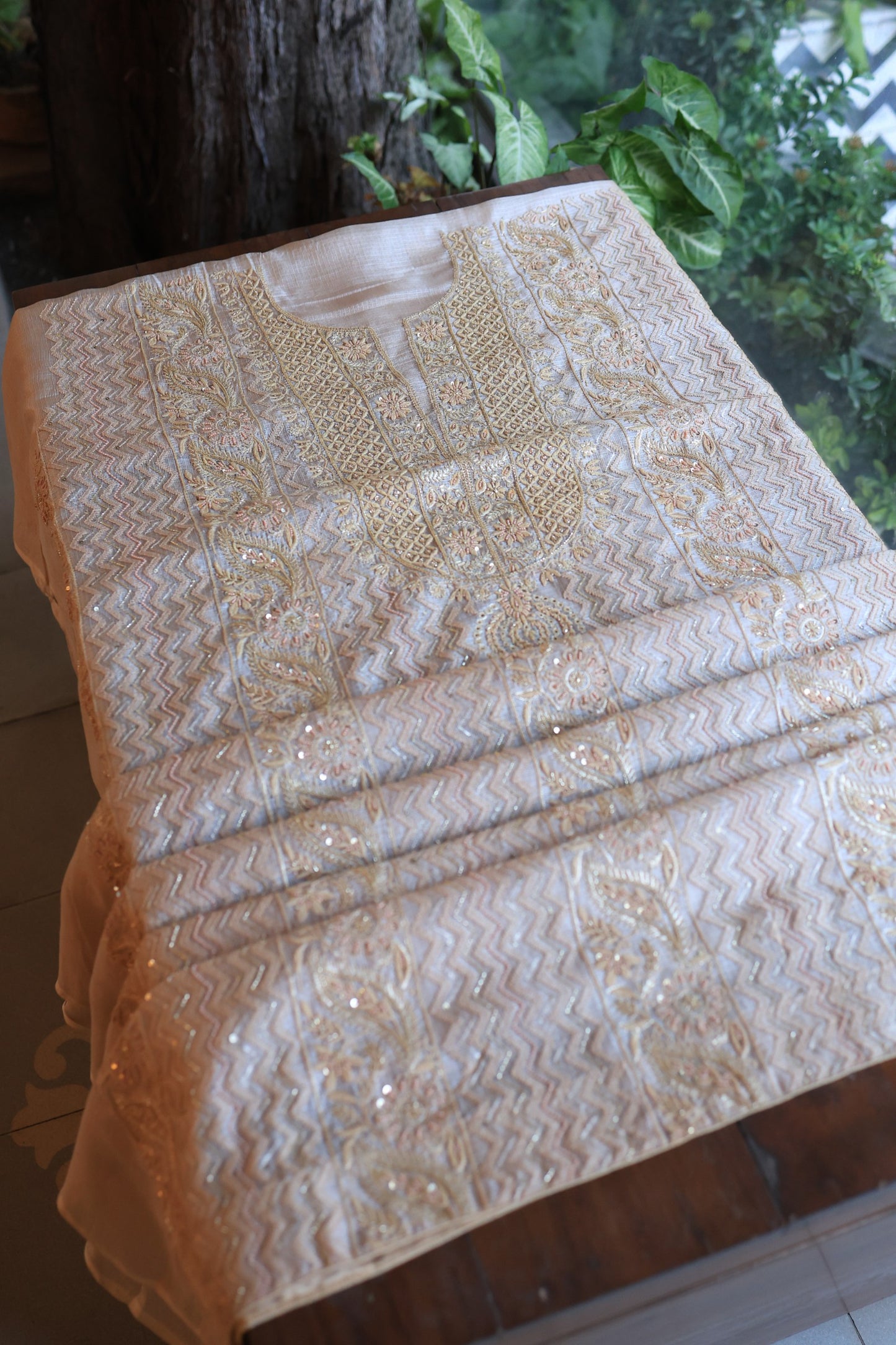 Beige Rasm Kota Tussar Chikankari Unstitched Chikankari Fabrics