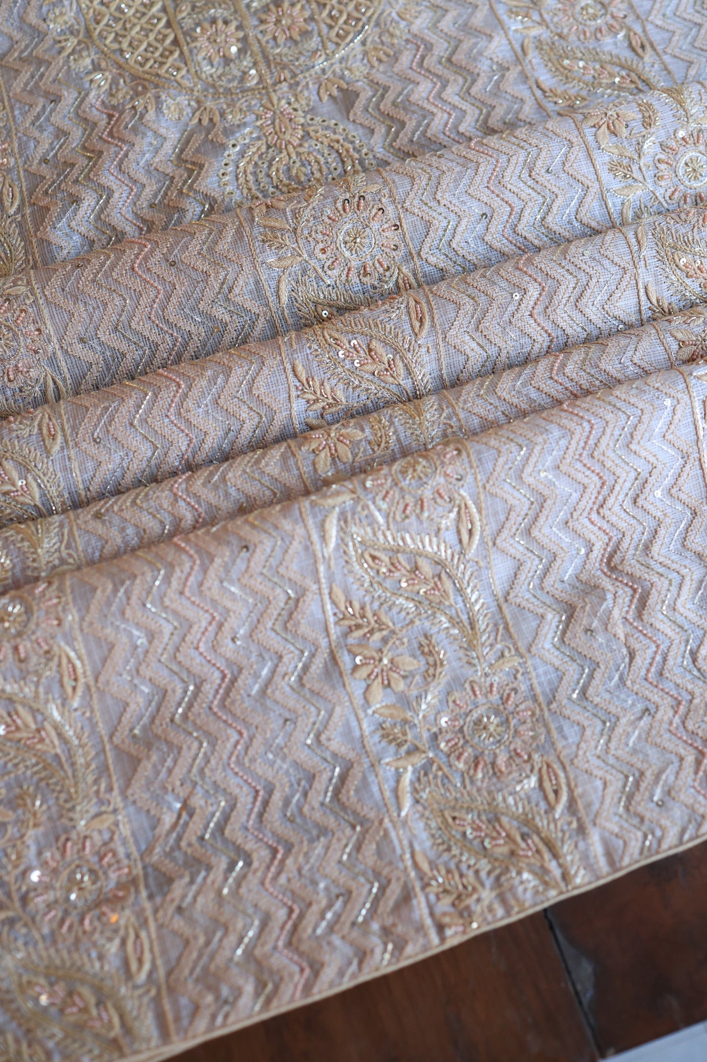 Beige Rasm Kota Tussar Chikankari Unstitched Chikankari Fabrics