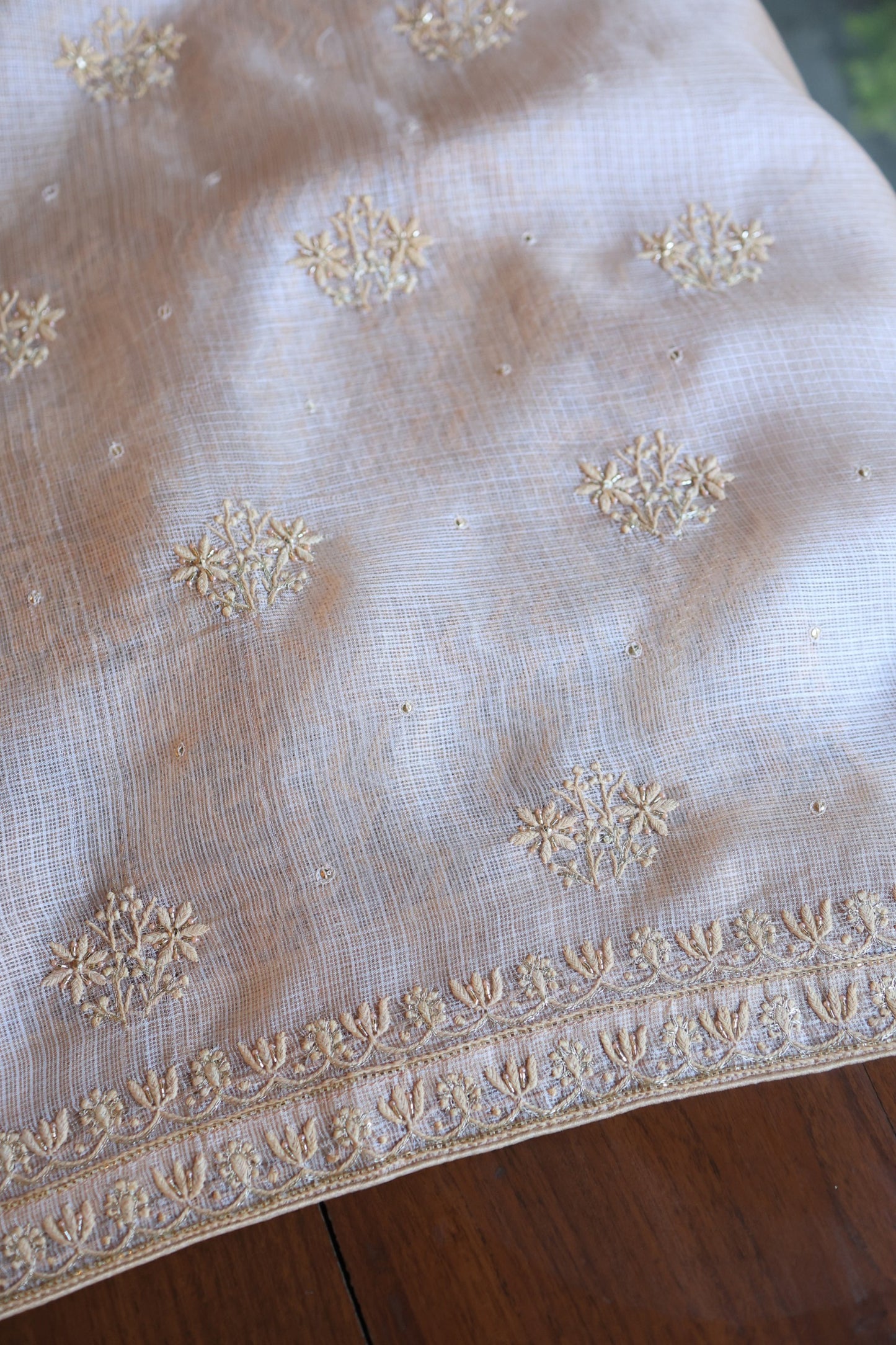 Beige Rasm Kota Tussar Chikankari Unstitched Chikankari Fabrics