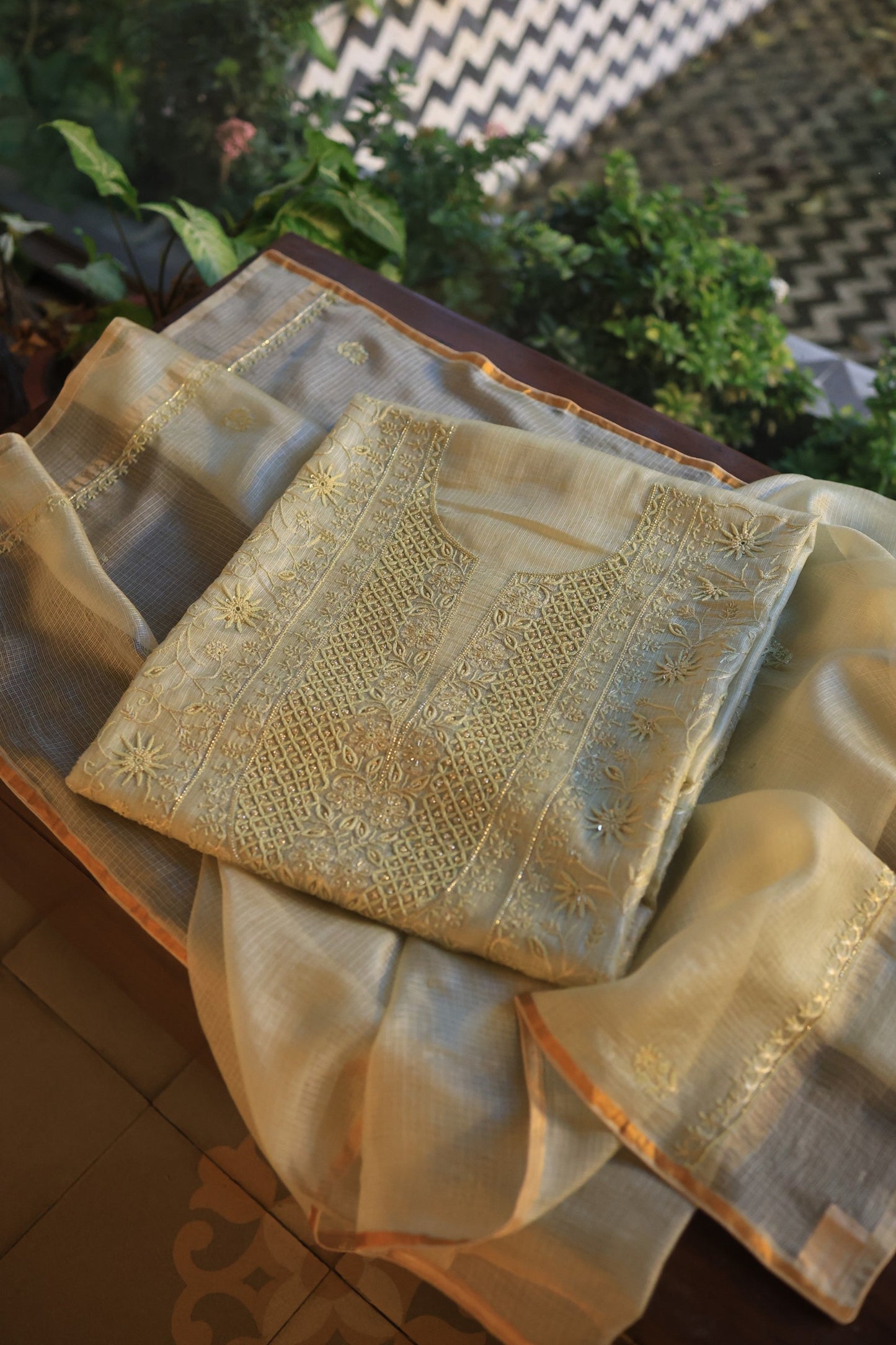 Lemon Rasm Kota Tussar Chikankari Unstitched Chikankari Fabrics