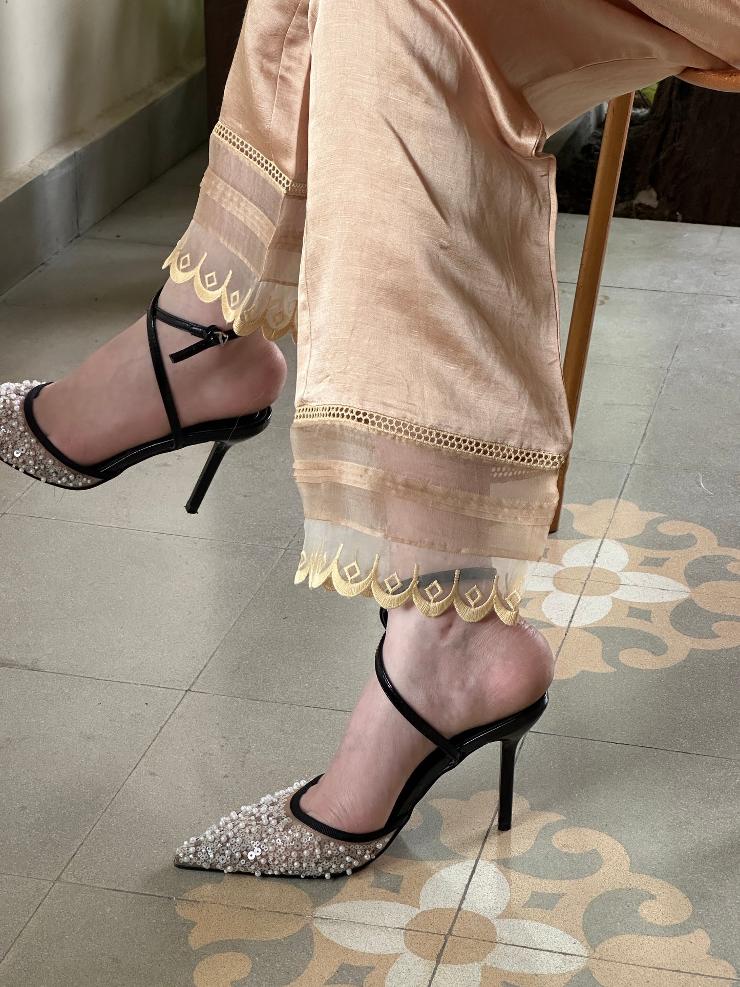Beige Satin Linen Straight Pant With Organza Lace & One Side Pocket