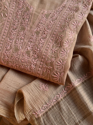 Beige Shade Mal Cotton Fine Chikankari With Kamdani Work Unstitched Fabric