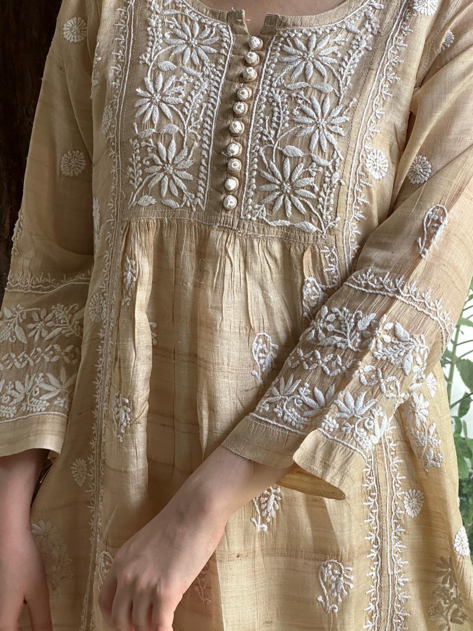 Beige Tussar Silk Gathered Style Chikankari Kurta