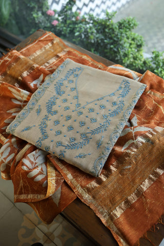 Beige & Blue Mul Chanderi Silk Kalamkari Unstitched Kurta Dupatta Set