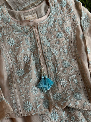 Beige & Blue Shade Malmal Straight Cut Chikankari Pearl & Sequins Kurta Set