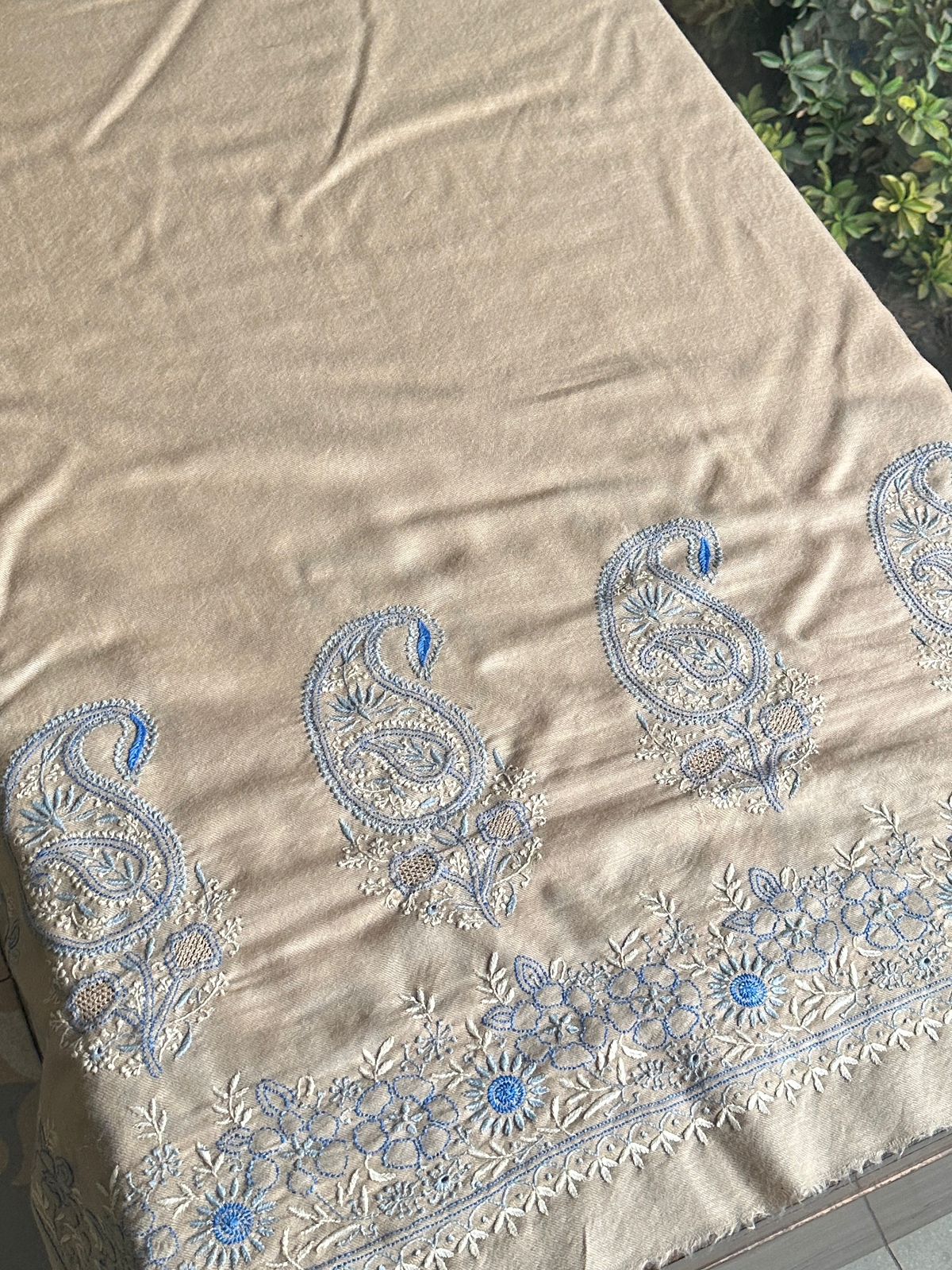 Beige & Blue Shade Saman Pashmina Fine Chikankari Shawl