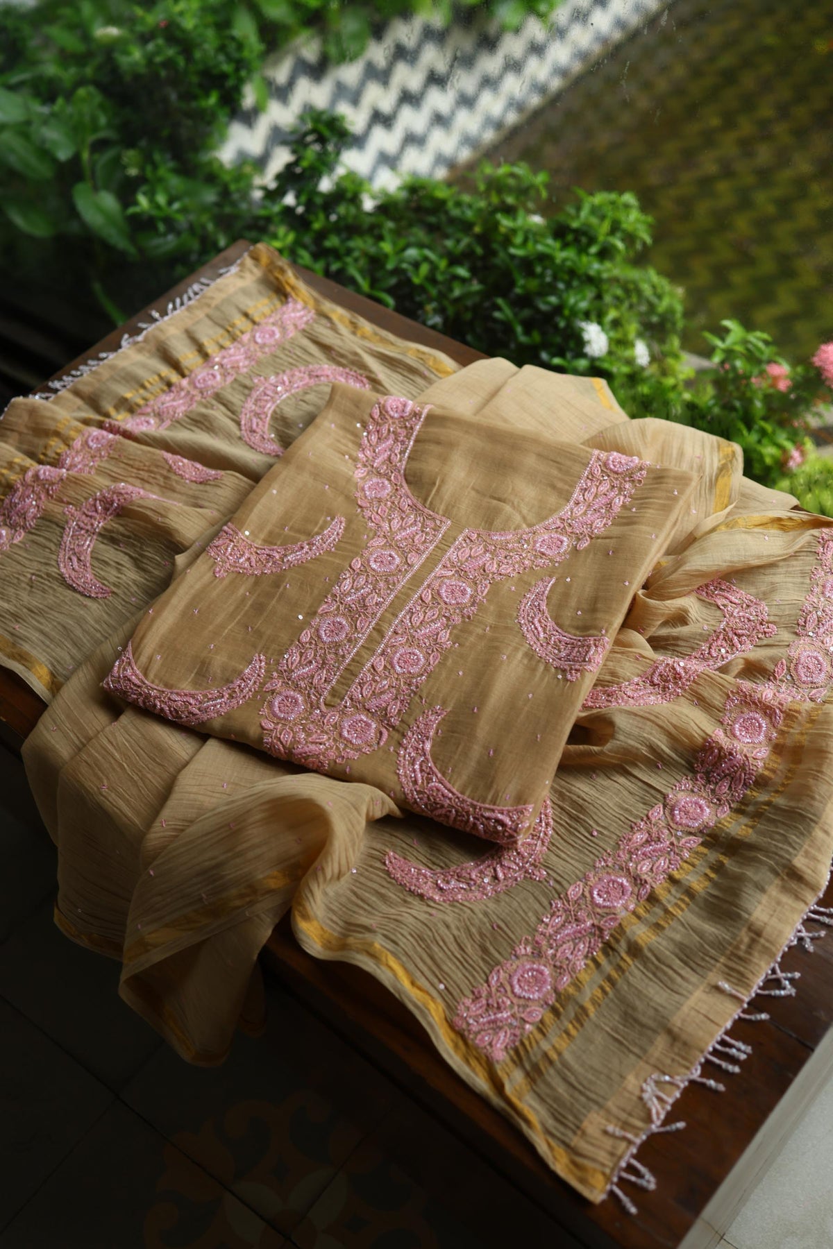 Beige & Pink Shade Crescent Chandbala Chikankari Unstitched Fabric