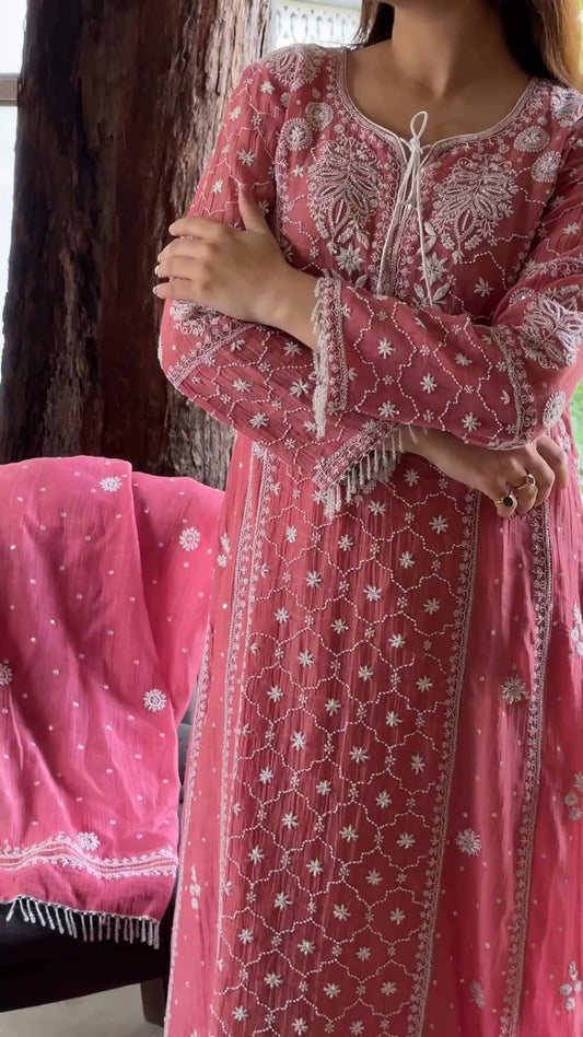 Berry Red Malmal Pearl Work Chikankari A Line Kalidar Kurta With Dupatta