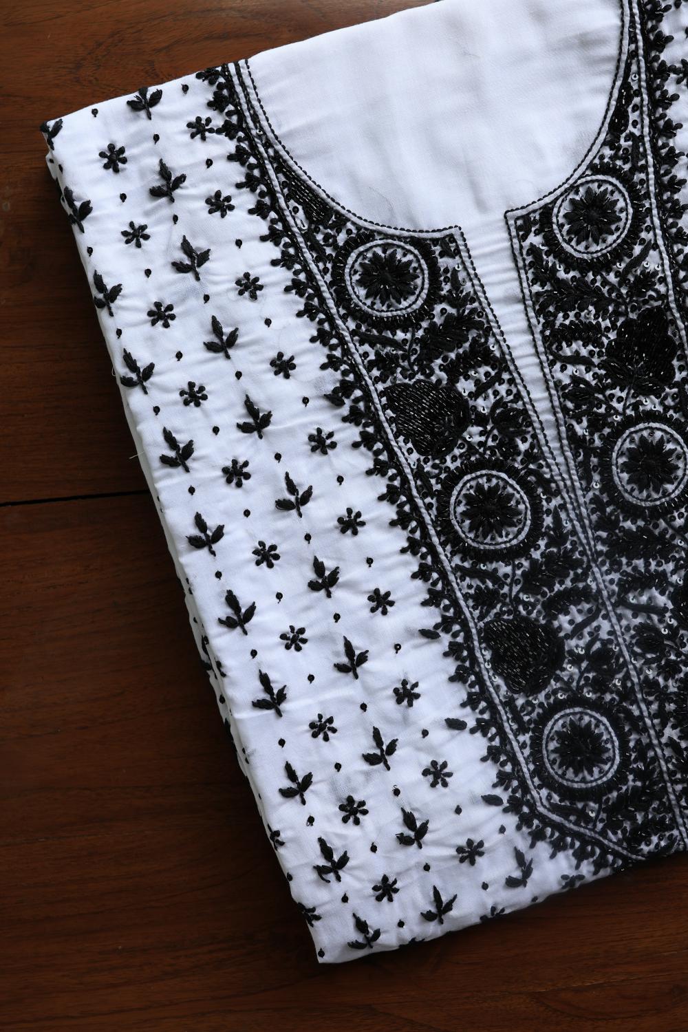 White & Black Cotton Chikankari Unstitched Kurta Fabrics