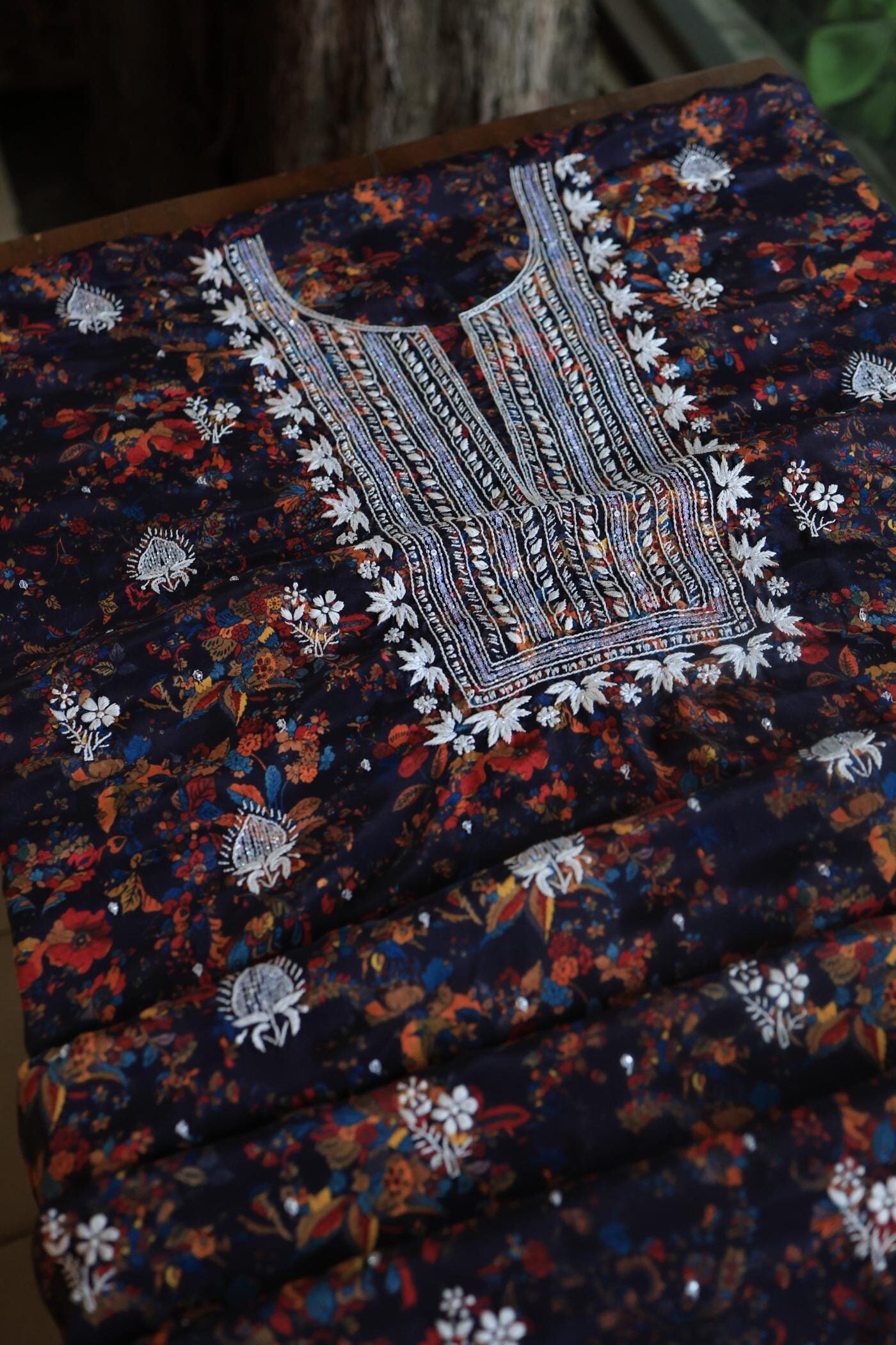 Black Multi Muslin Chikankari Kurta Fabric