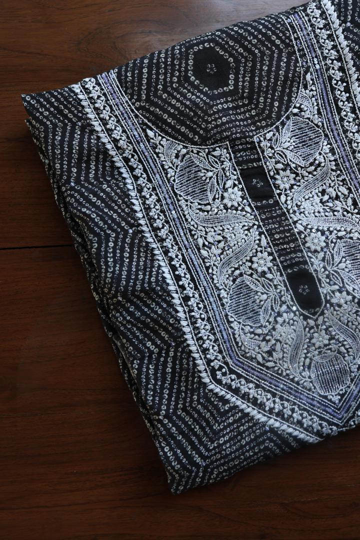 Black Muslin Floral Chikankari Kurta Fabric