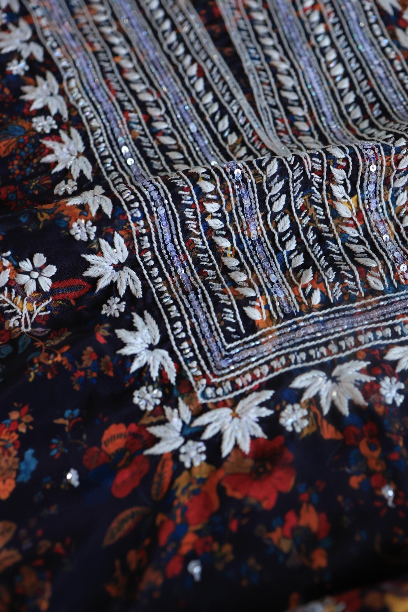 Black Multi Muslin Chikankari Kurta Fabric