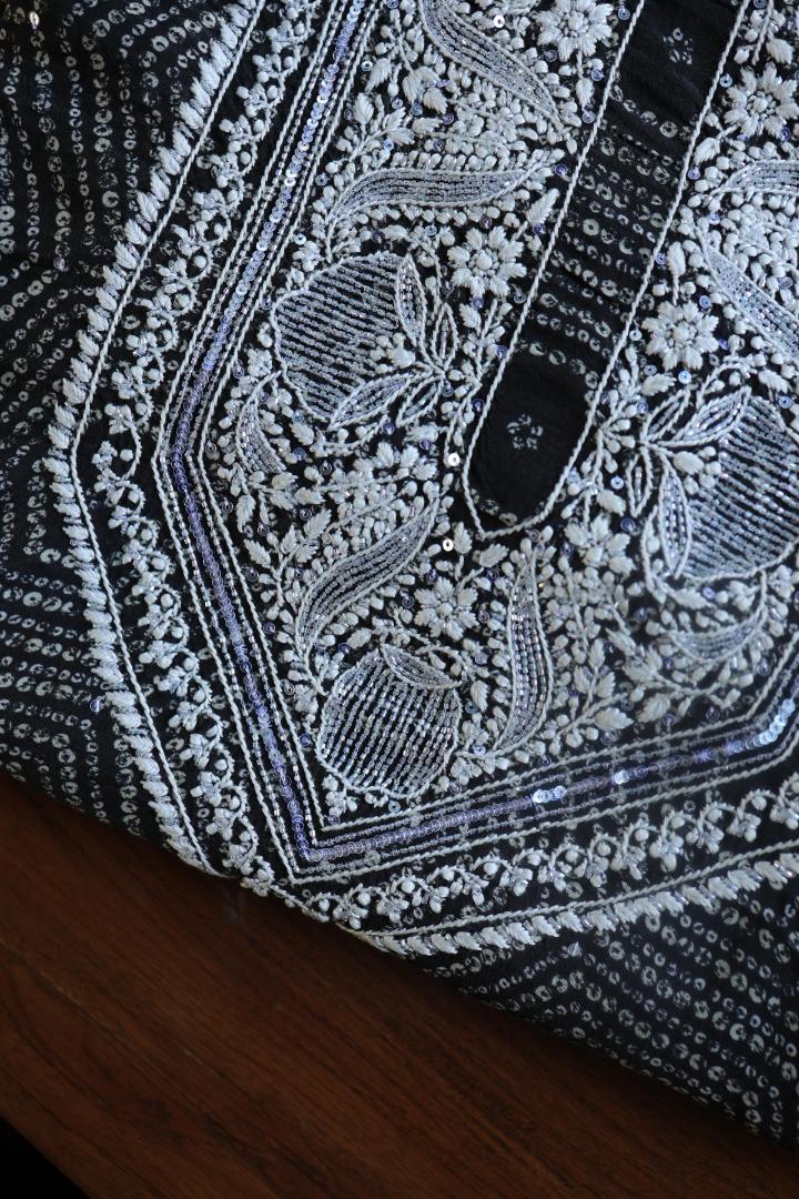 Black Muslin Floral Chikankari Kurta Fabric