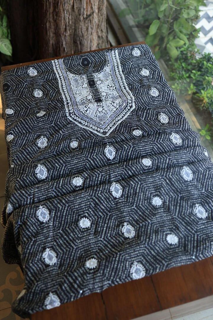Black Muslin Chikankari Unstitched Women's Kurta Fabric