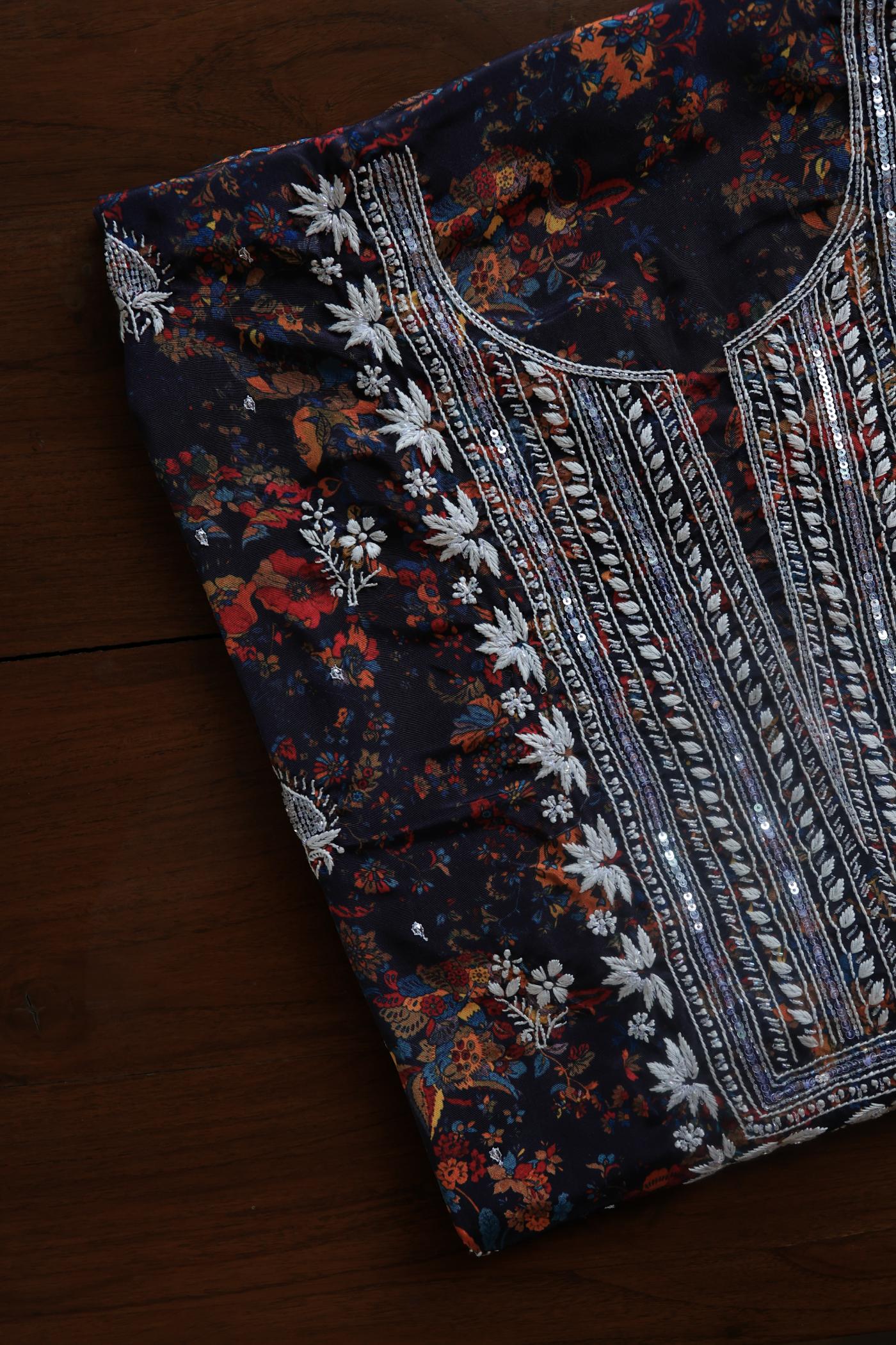 Black Multi Muslin Chikankari Kurta Fabric