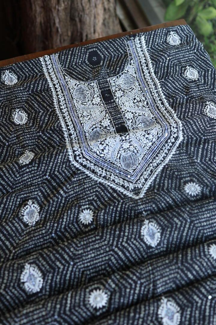 Black Muslin Floral Chikankari Kurta Fabric
