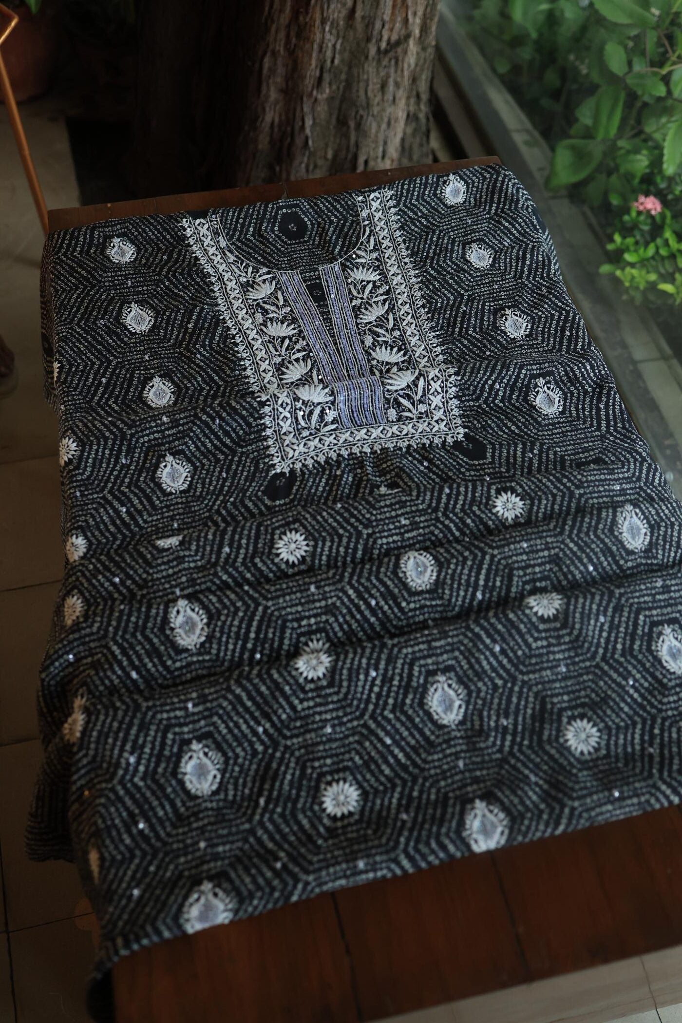 Black Muslin Chikankari Unstitched Women's Kurta Fabric
