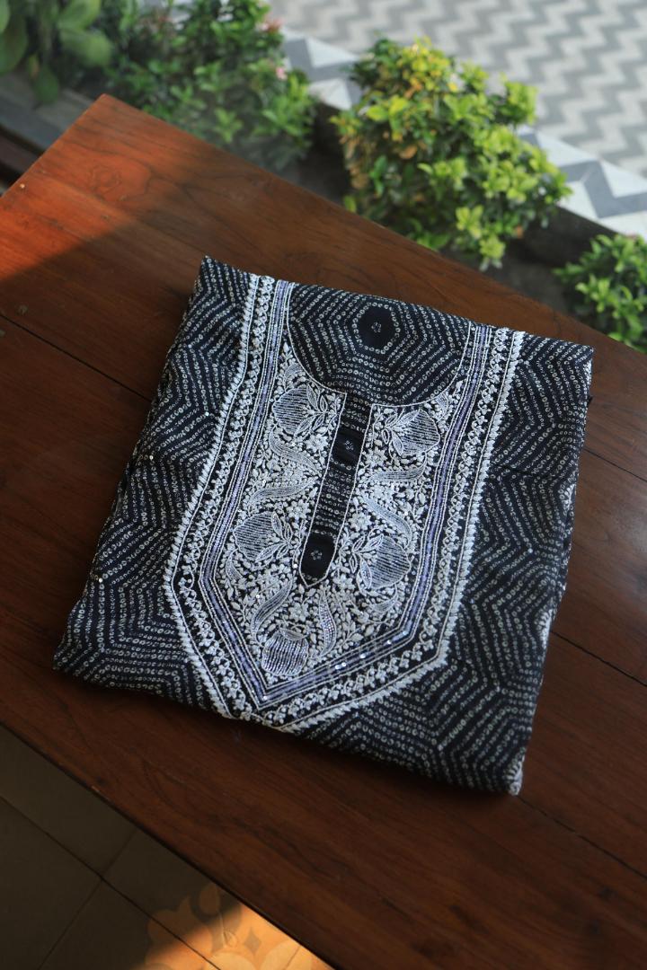 Black Muslin Floral Chikankari Kurta Fabric