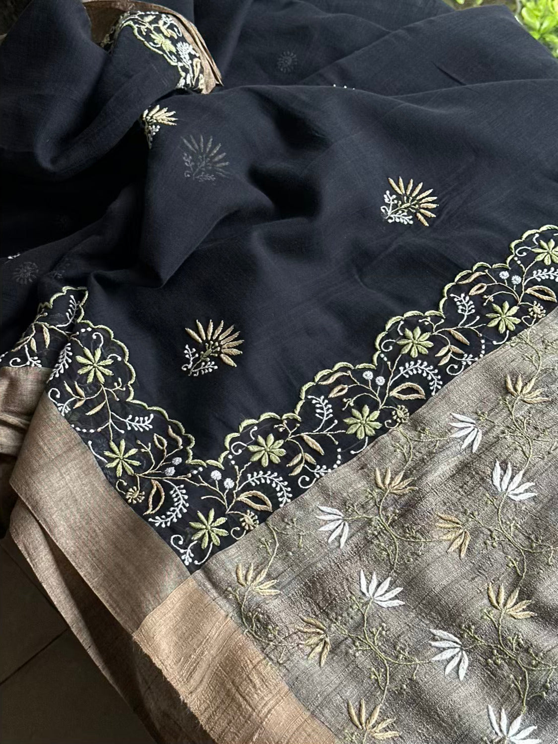Black Silk Gheecha Palla Kota Chikankari Saree