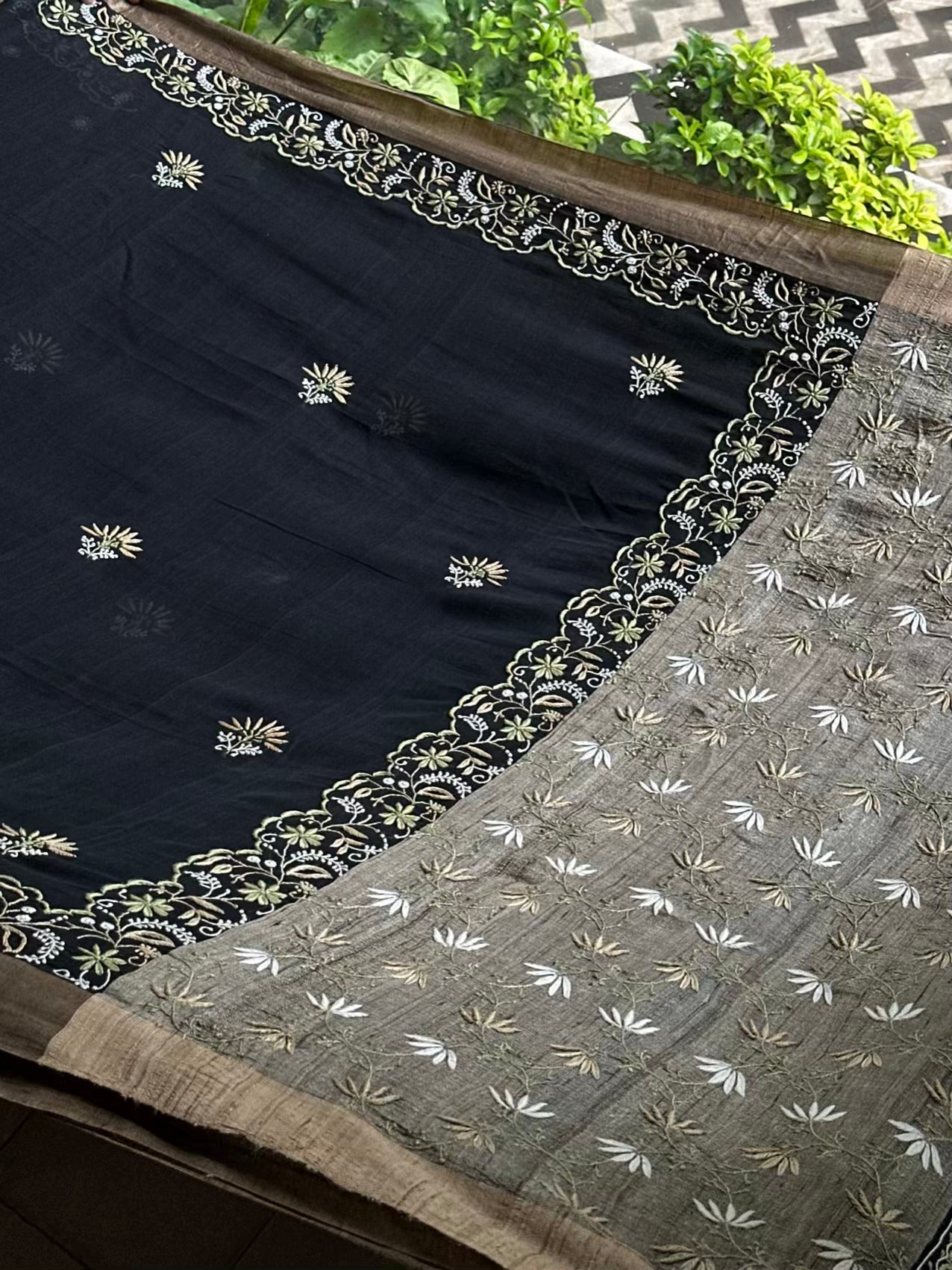 Black Silk Gheecha Palla Kota Chikankari Saree