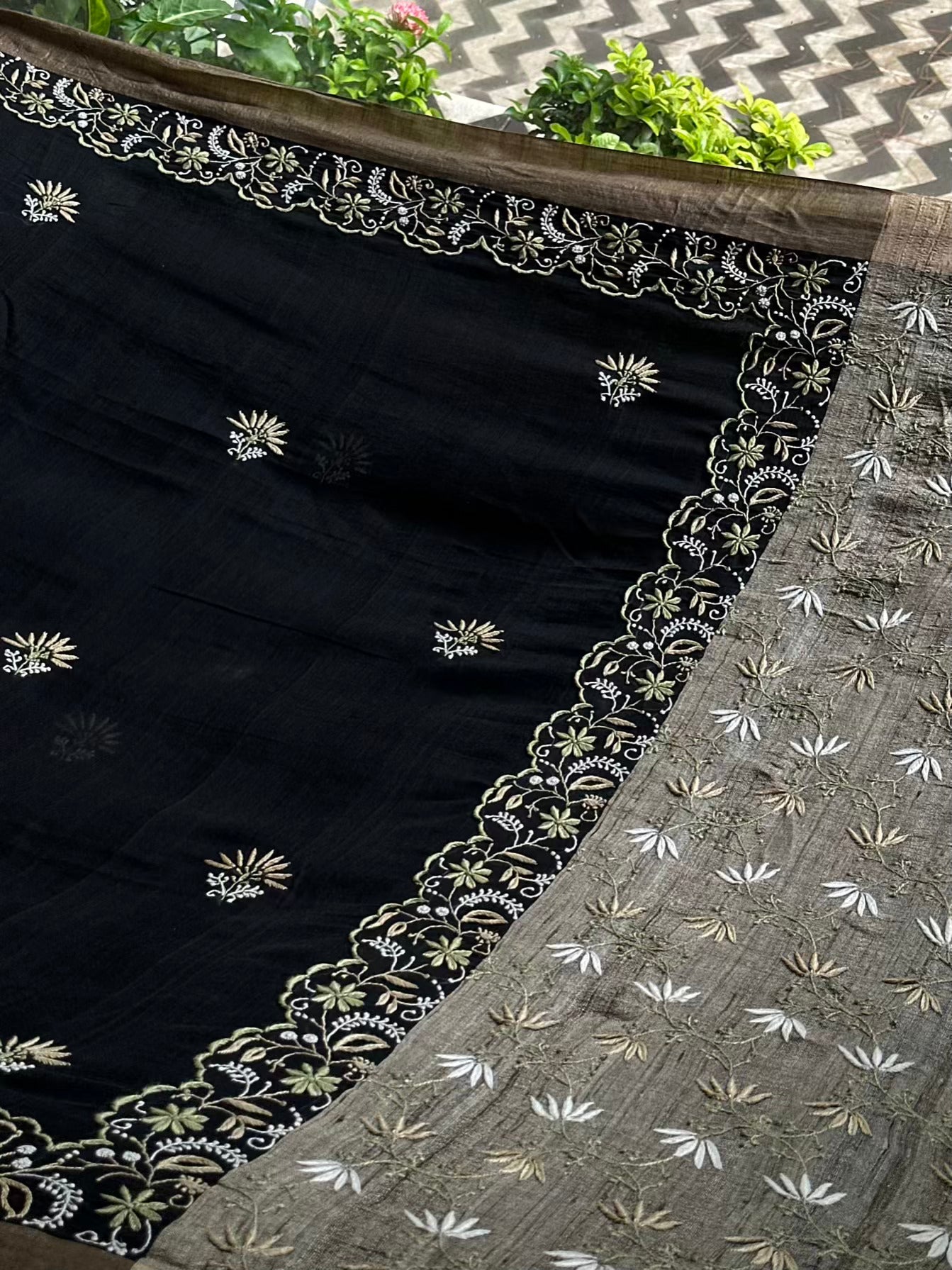Black Silk Gheecha Palla Kota Chikankari Saree