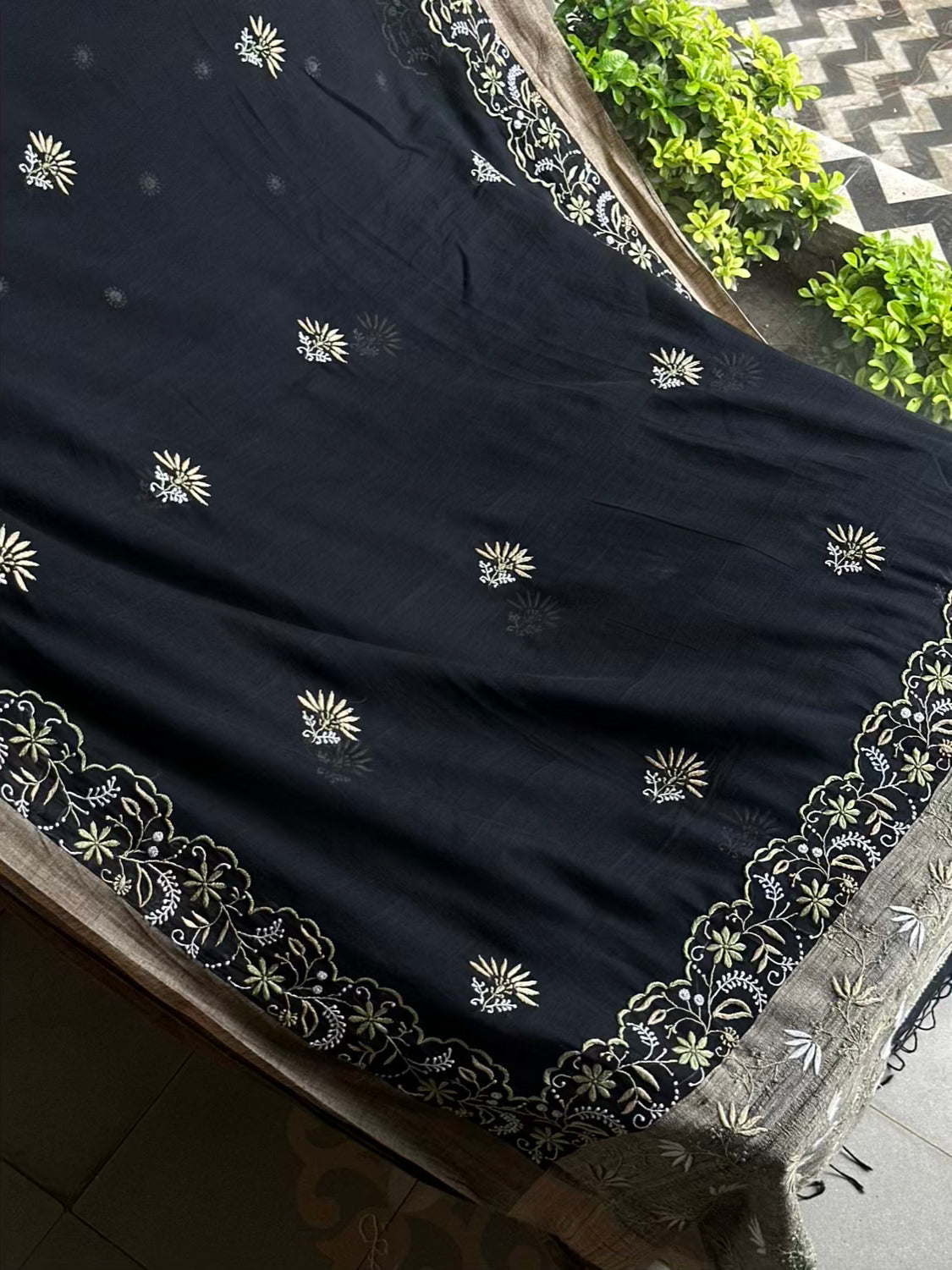 Black Silk Gheecha Palla Kota Chikankari Saree