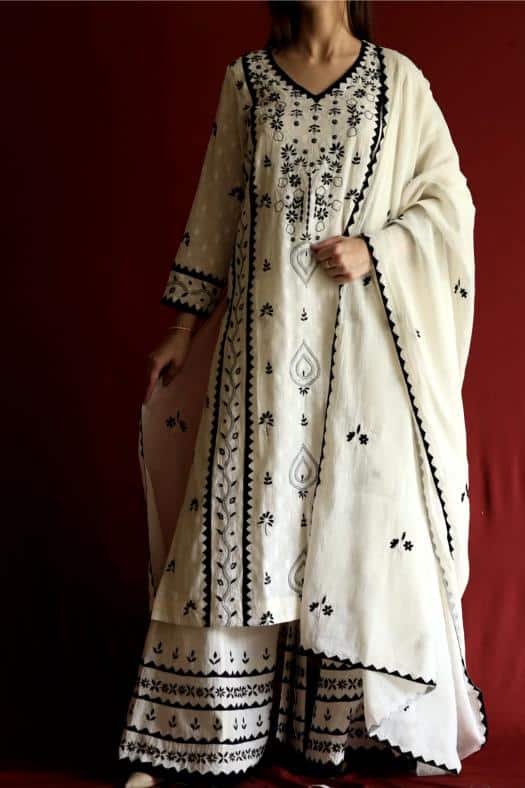 Black & White Applique Work With Fine Chikankari Ready to Wear Kurta