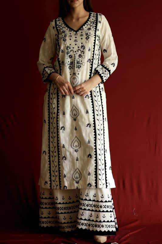 Black & White Applique Work With Fine Chikankari Ready to Wear Kurta