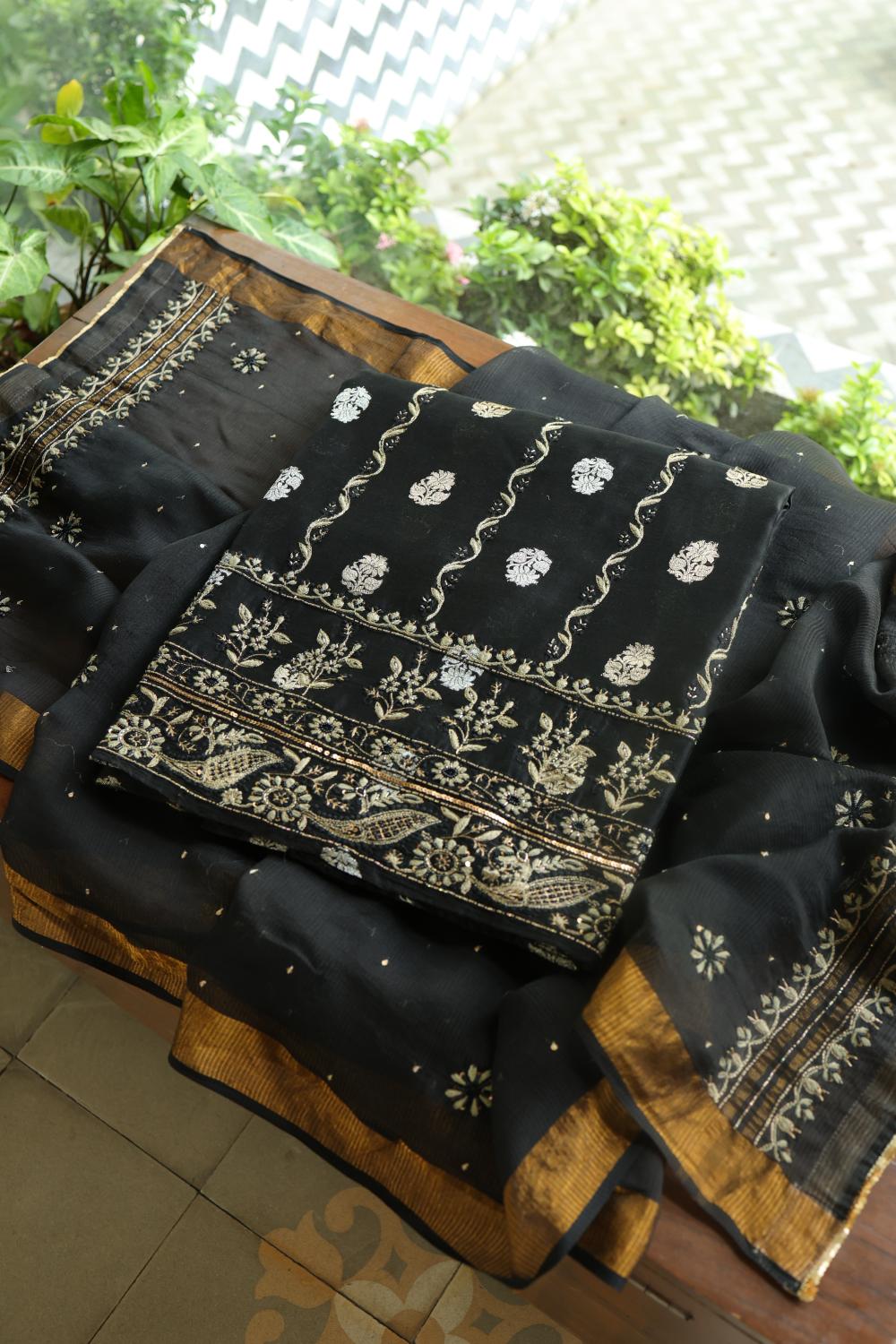 Black Banarasi Zari Chanderi Unstitched Chikankari Fabric