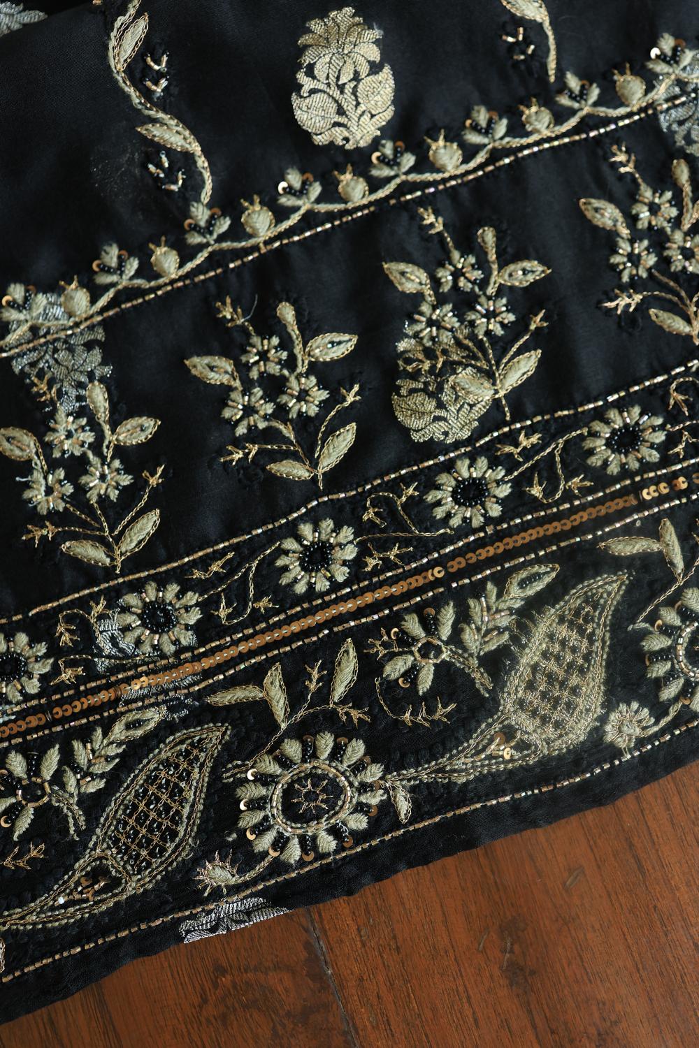 Black Banarasi Zari Chanderi Unstitched Chikankari Fabric