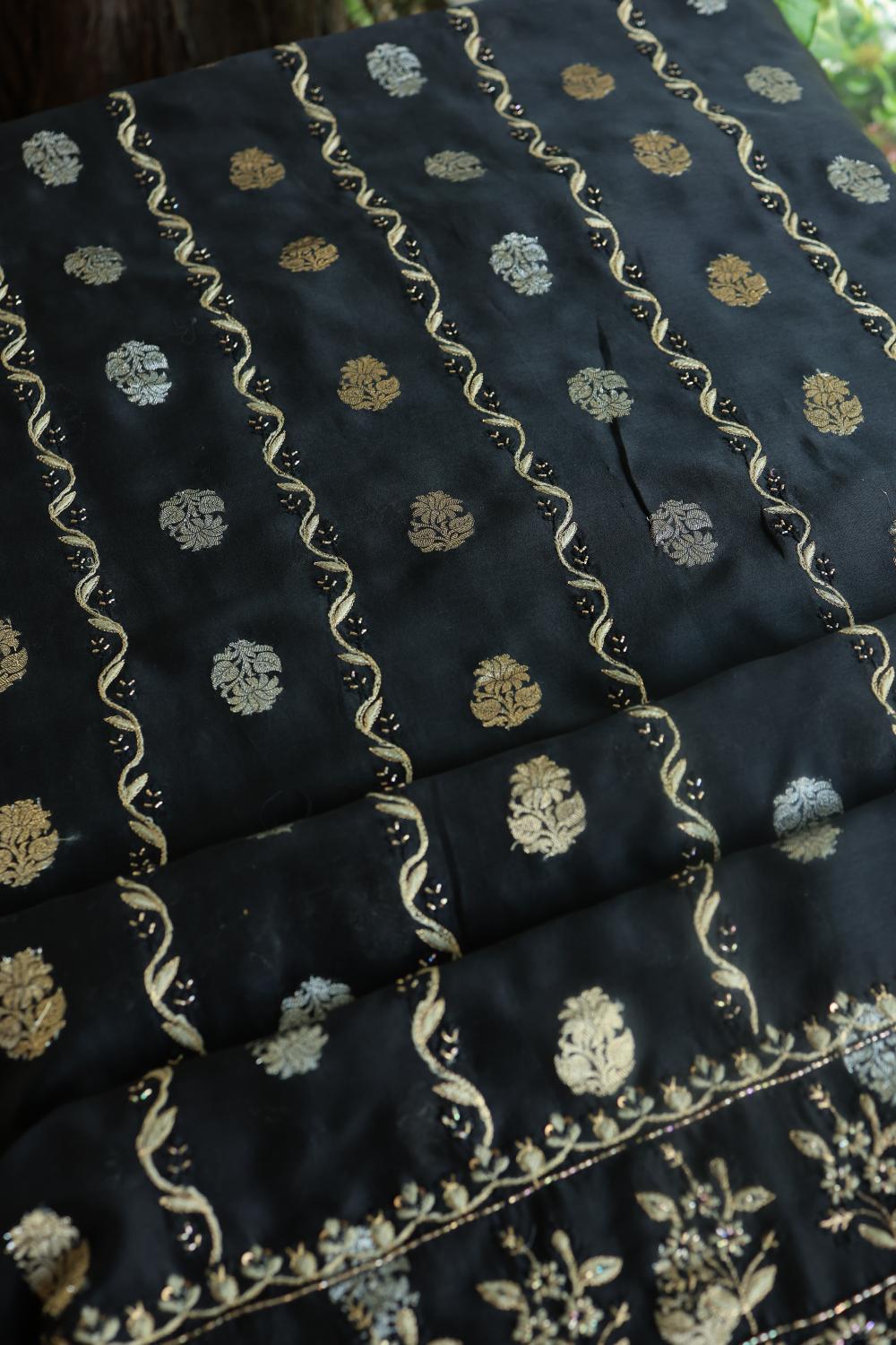 Black Banarasi Zari Chanderi Unstitched Chikankari Fabric