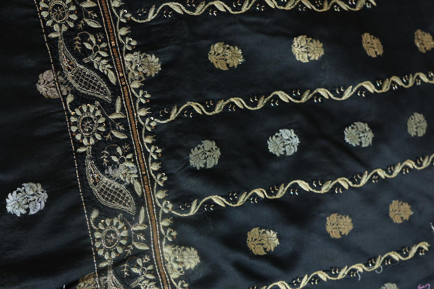 Black Banarasi Zari Chanderi Unstitched Chikankari Fabric