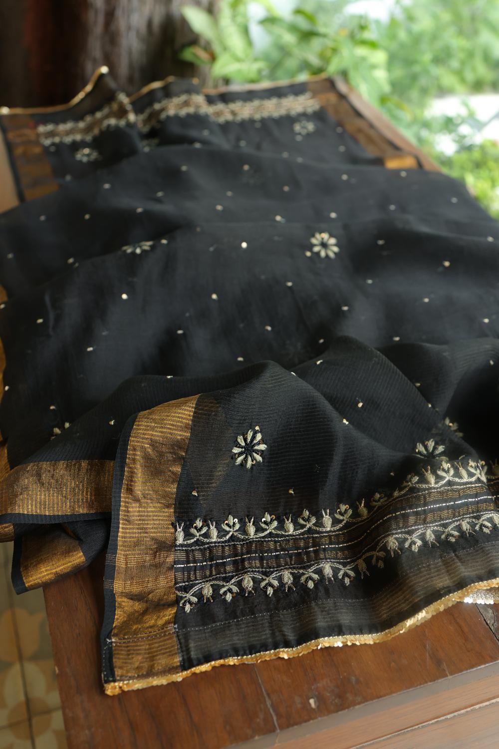 Black Banarasi Zari Chanderi Unstitched Chikankari Fabric