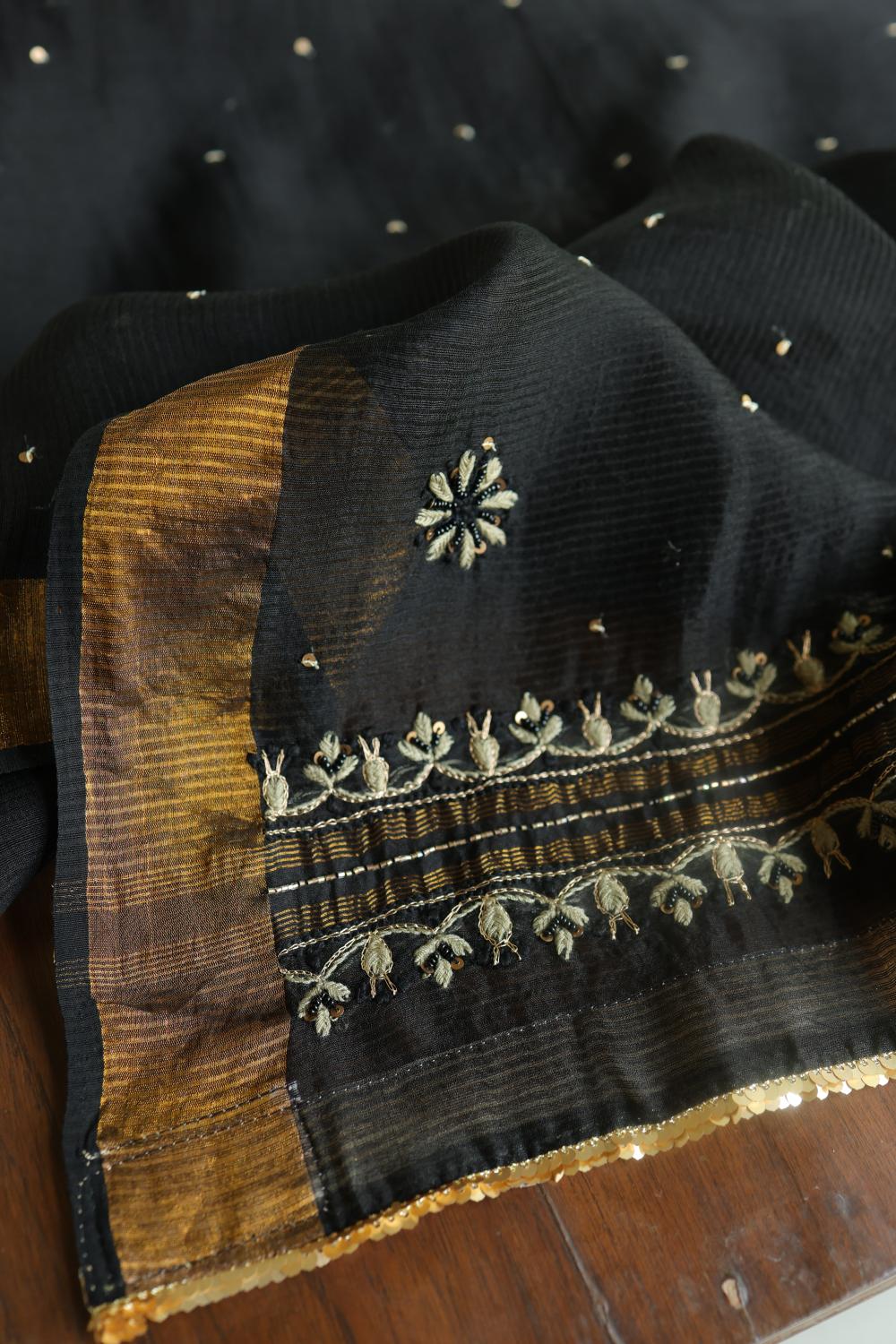 Black Banarasi Zari Chanderi Unstitched Chikankari Fabric