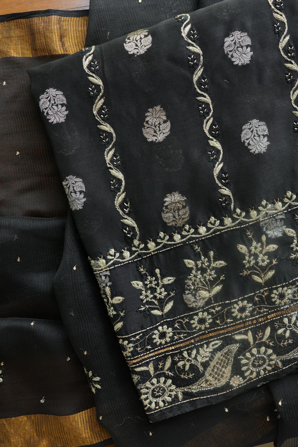 Black Banarasi Zari Chanderi Unstitched Chikankari Fabric