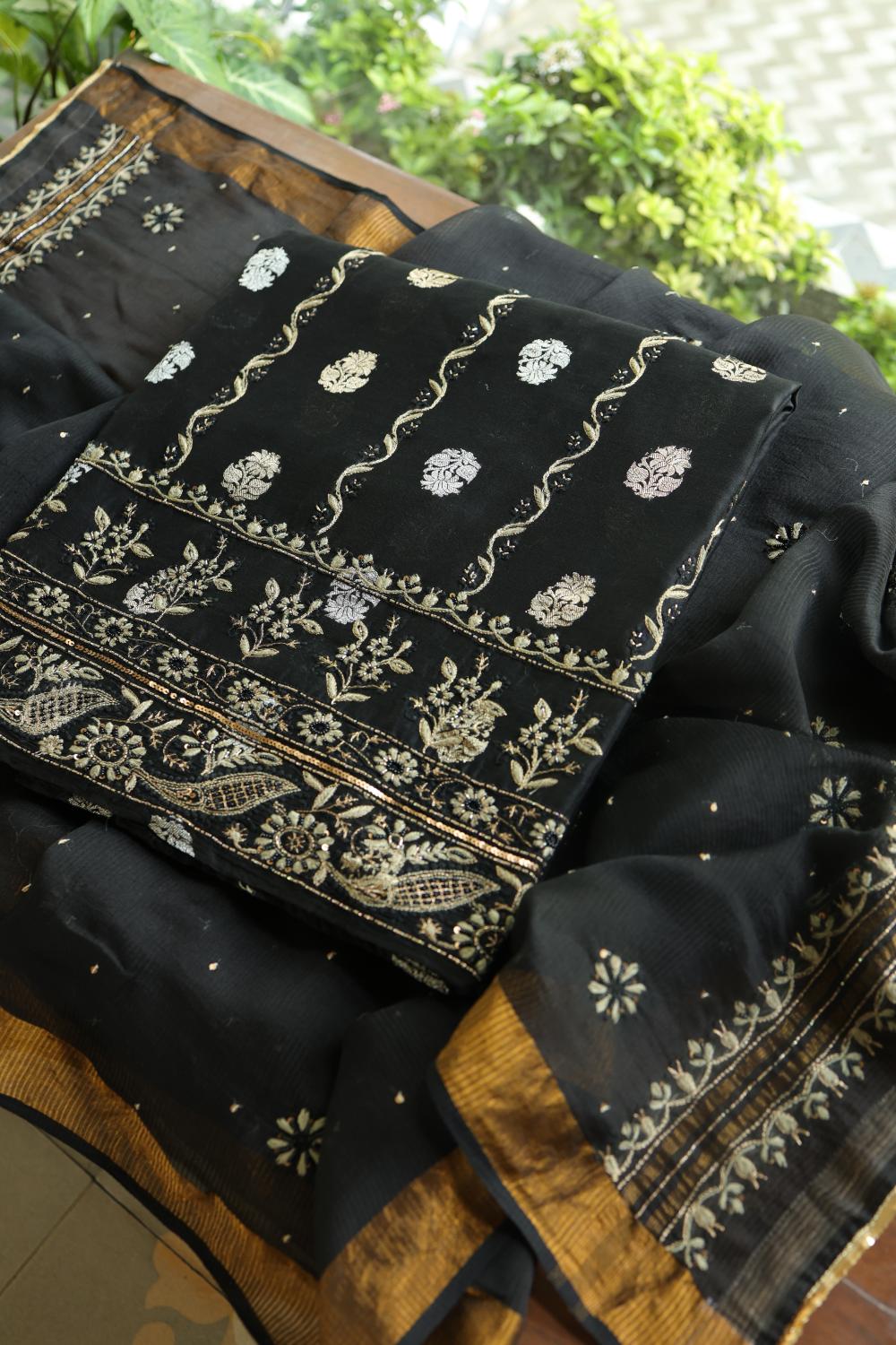 Black Banarasi Zari Chanderi Unstitched Chikankari Fabric