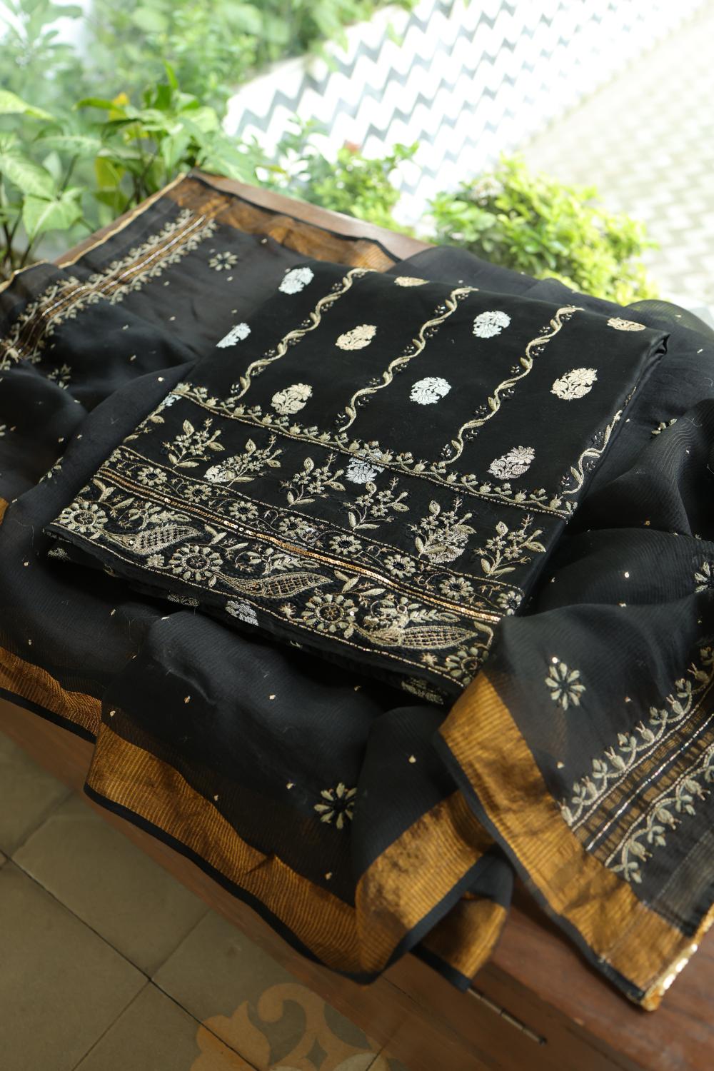 Black Banarasi Zari Chanderi Unstitched Chikankari Fabric