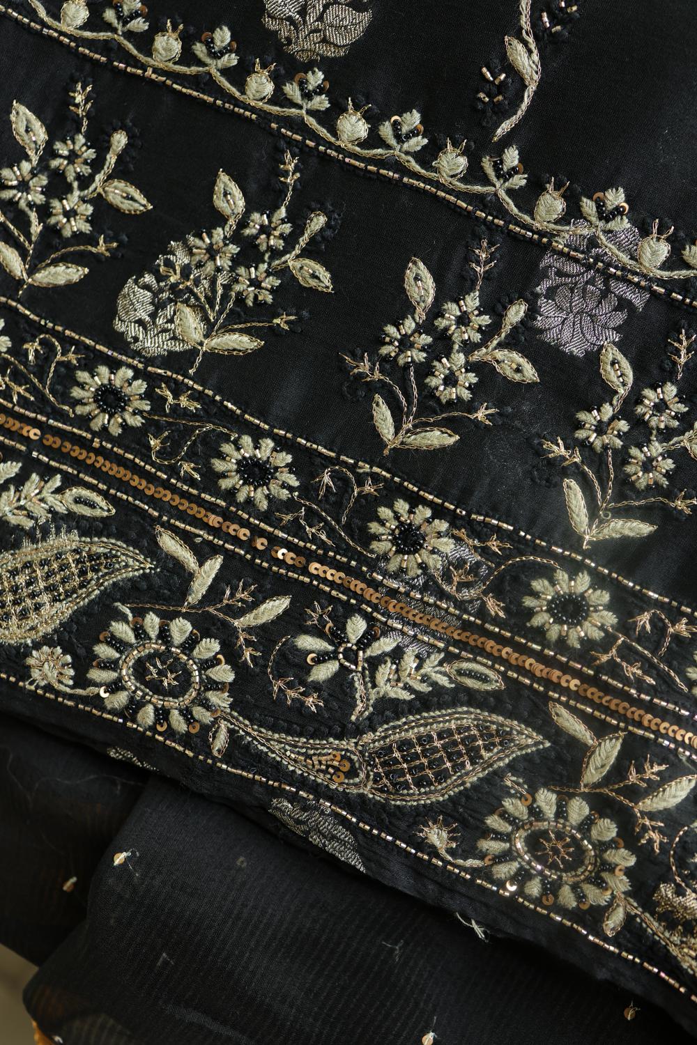 Black Banarasi Zari Chanderi Unstitched Chikankari Fabric