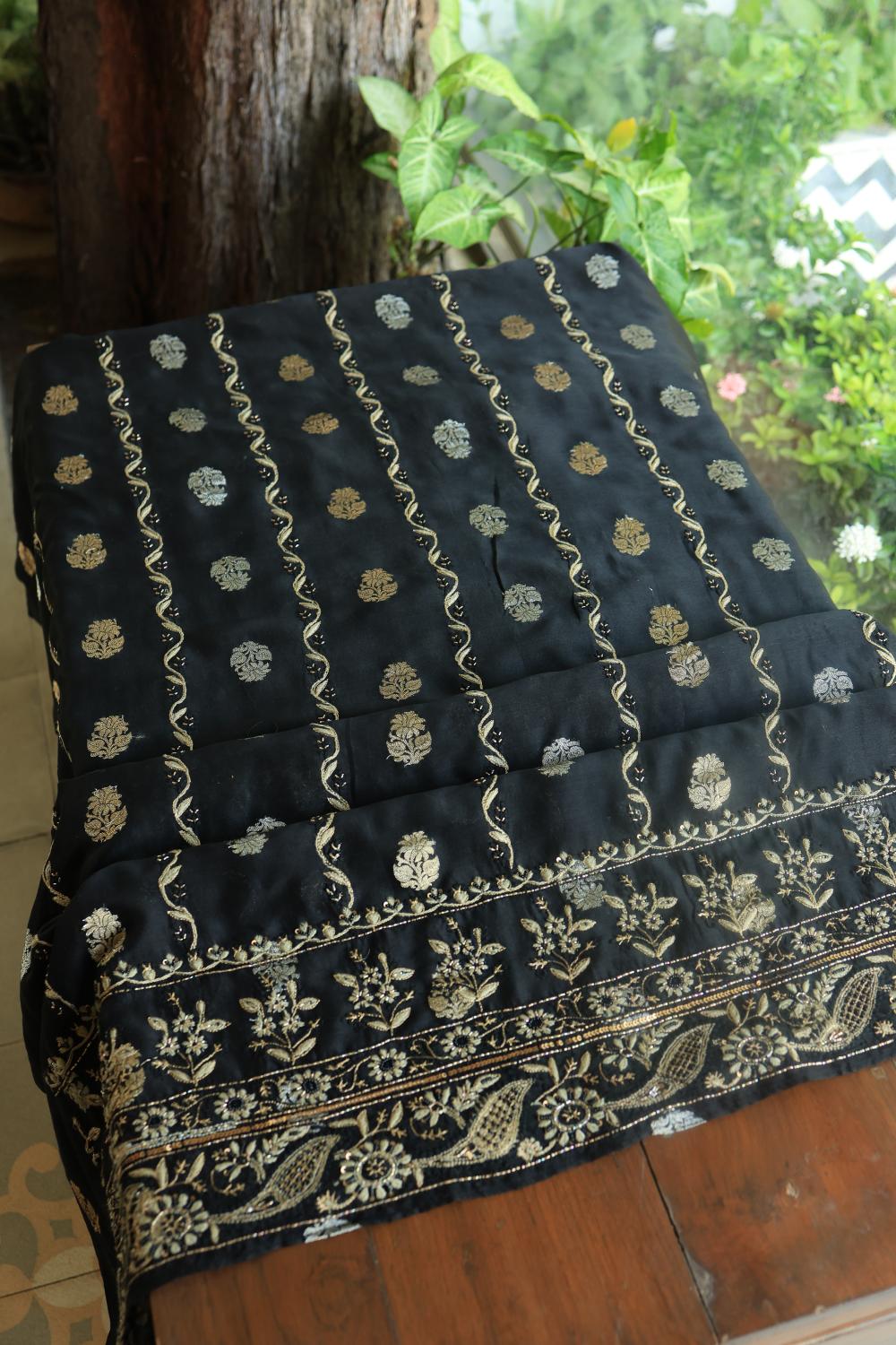 Black Banarasi Zari Chanderi Unstitched Chikankari Fabric