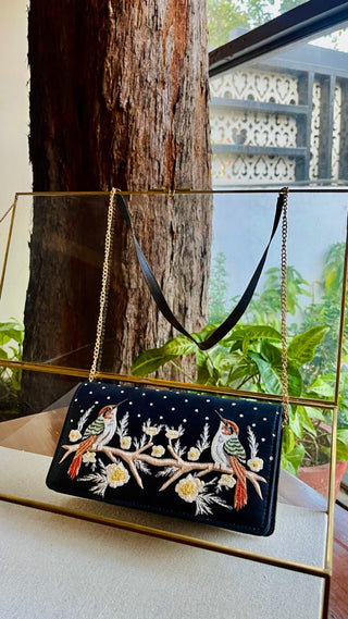 Black Linen Silk Bird Motif Resham Thread Emroidery Handle Sling Clutch