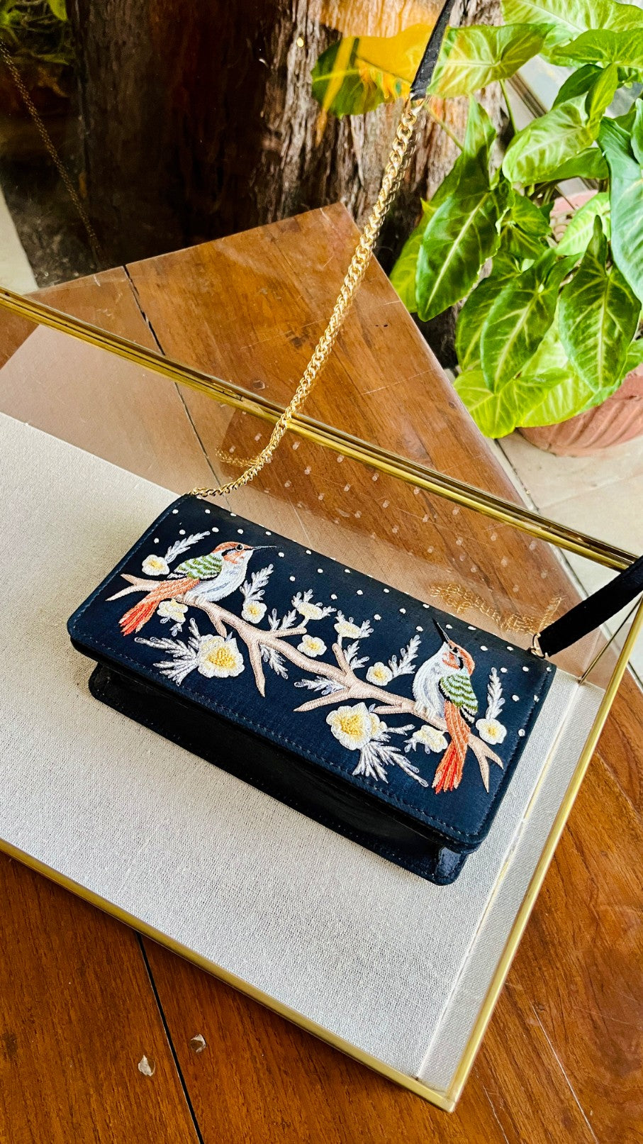 Black Linen Silk Bird Motif Resham Thread Emroidery Handle Sling Clutch
