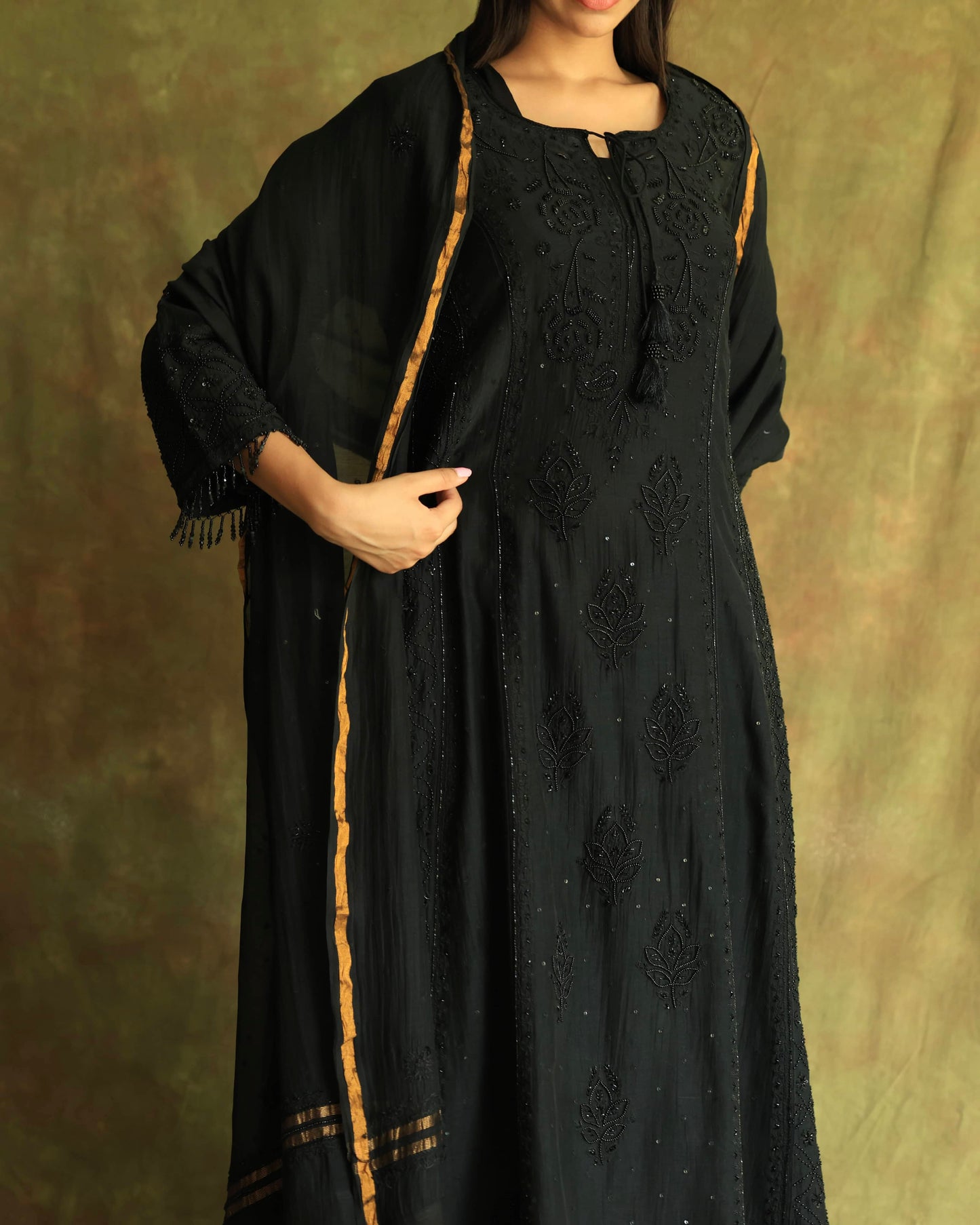 Black Malmal Pearl Work Chikankari A Line Kurta With Dupatta