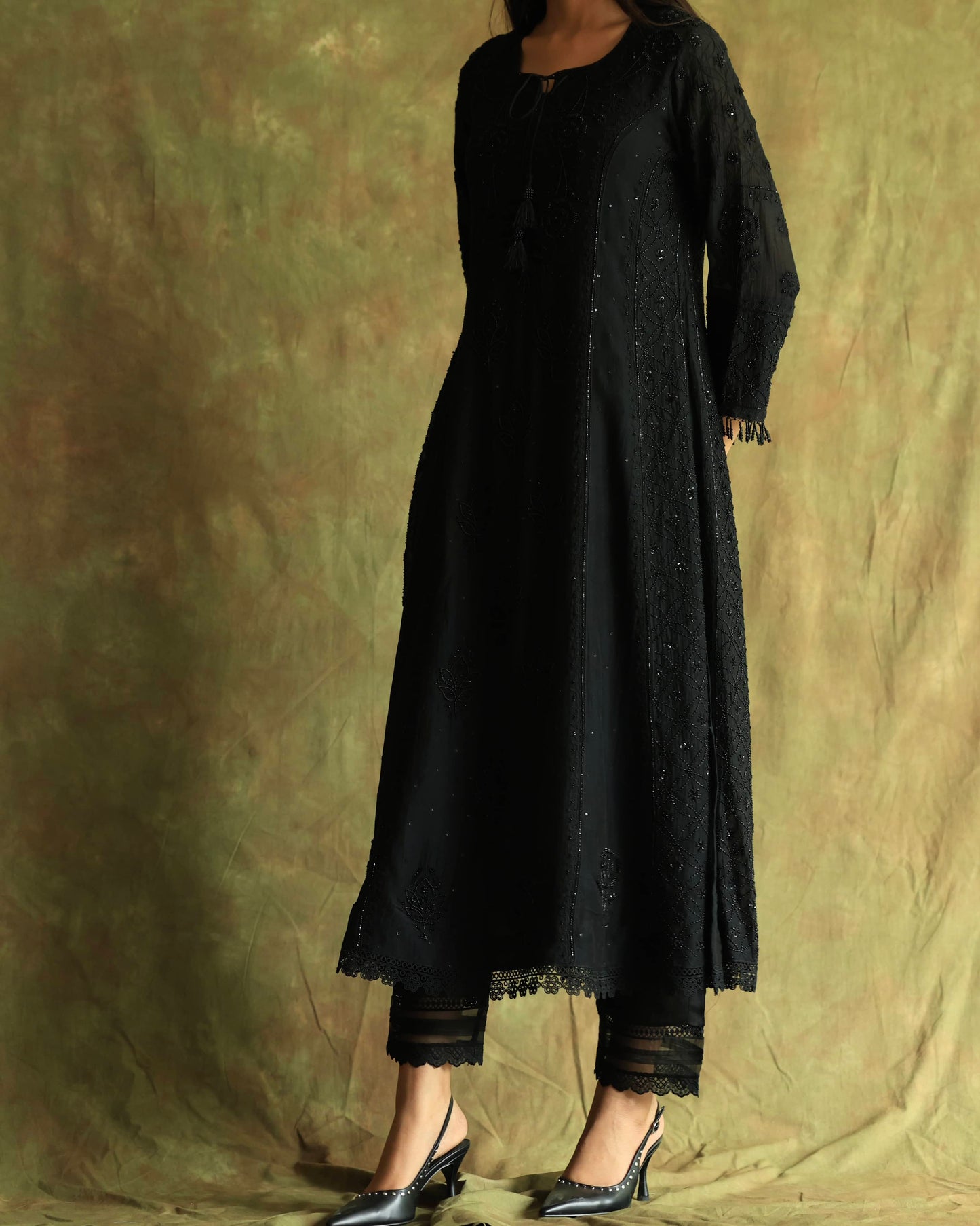 Black Malmal Pearl Work Chikankari A Line Kurta With Dupatta