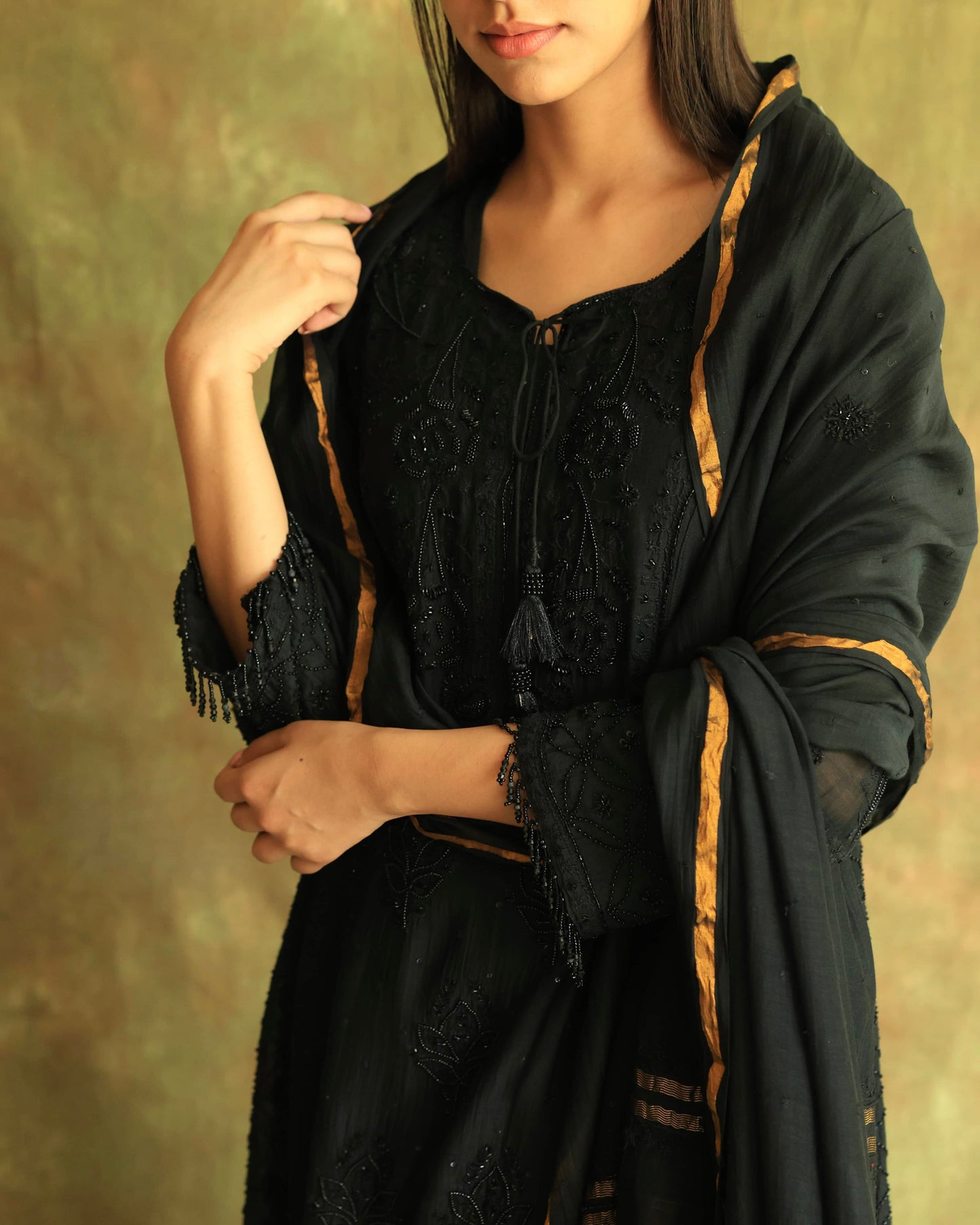 Black Malmal Pearl Work Chikankari A Line Kurta With Dupatta