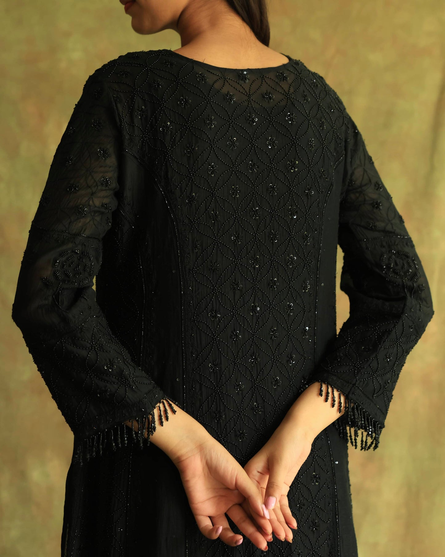 Black Malmal Pearl Work Chikankari A Line Kurta With Dupatta
