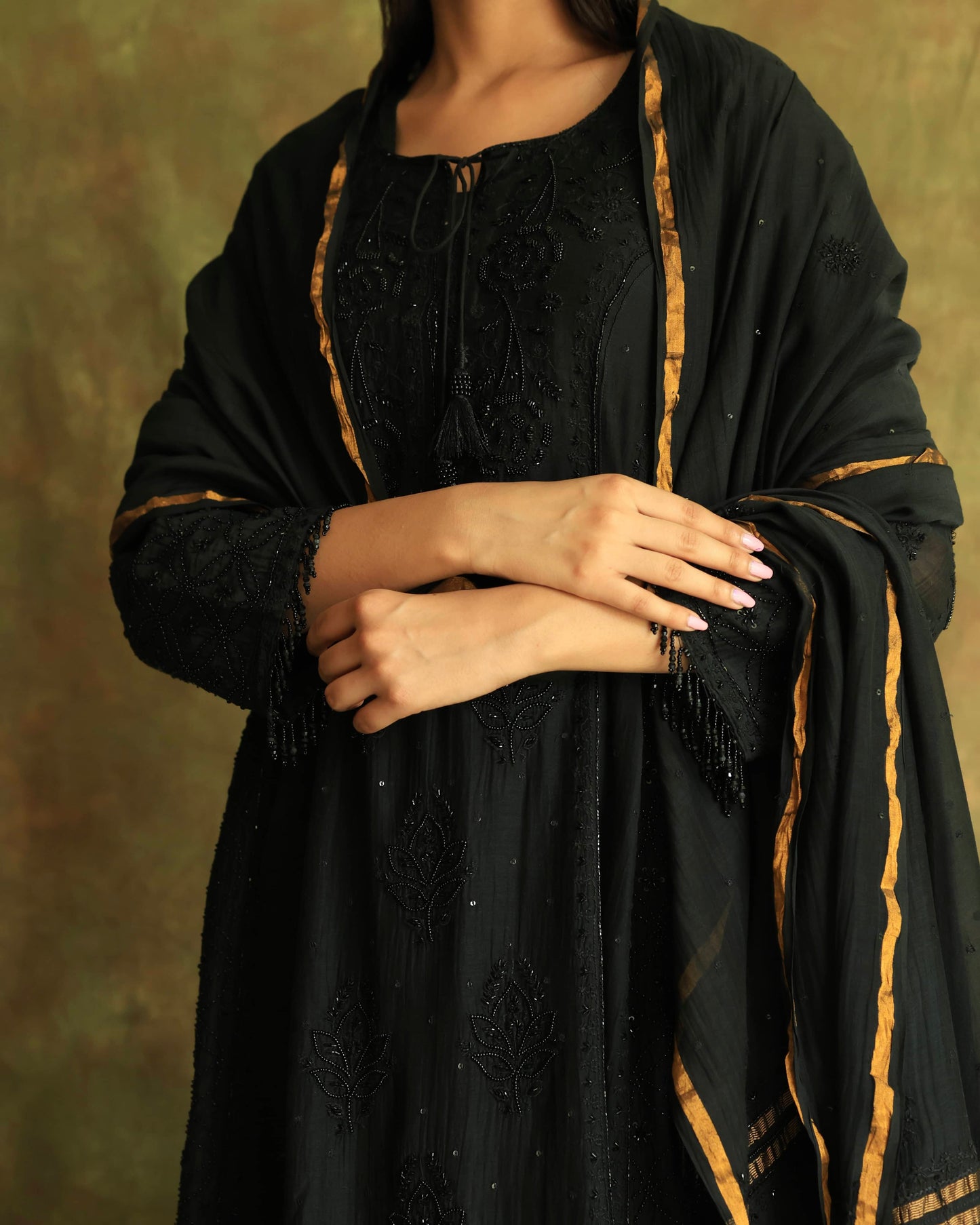 Black Malmal Pearl Work Chikankari A Line Kurta With Dupatta